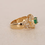 18K Yellow Gold Emerald and Diamond Halo Ring, Size US 5.5