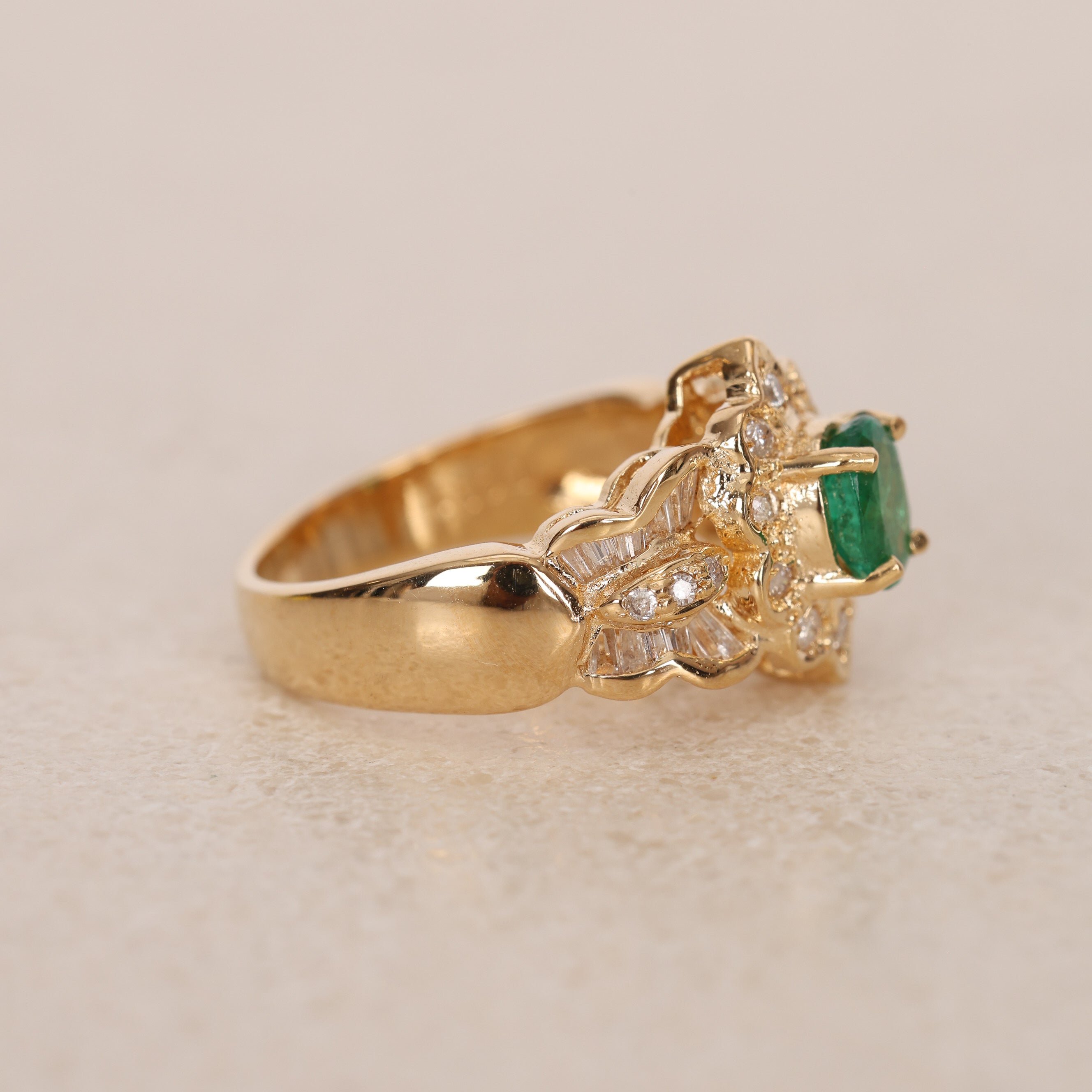 18K Yellow Gold Emerald and Diamond Halo Ring, Size US 5.5
