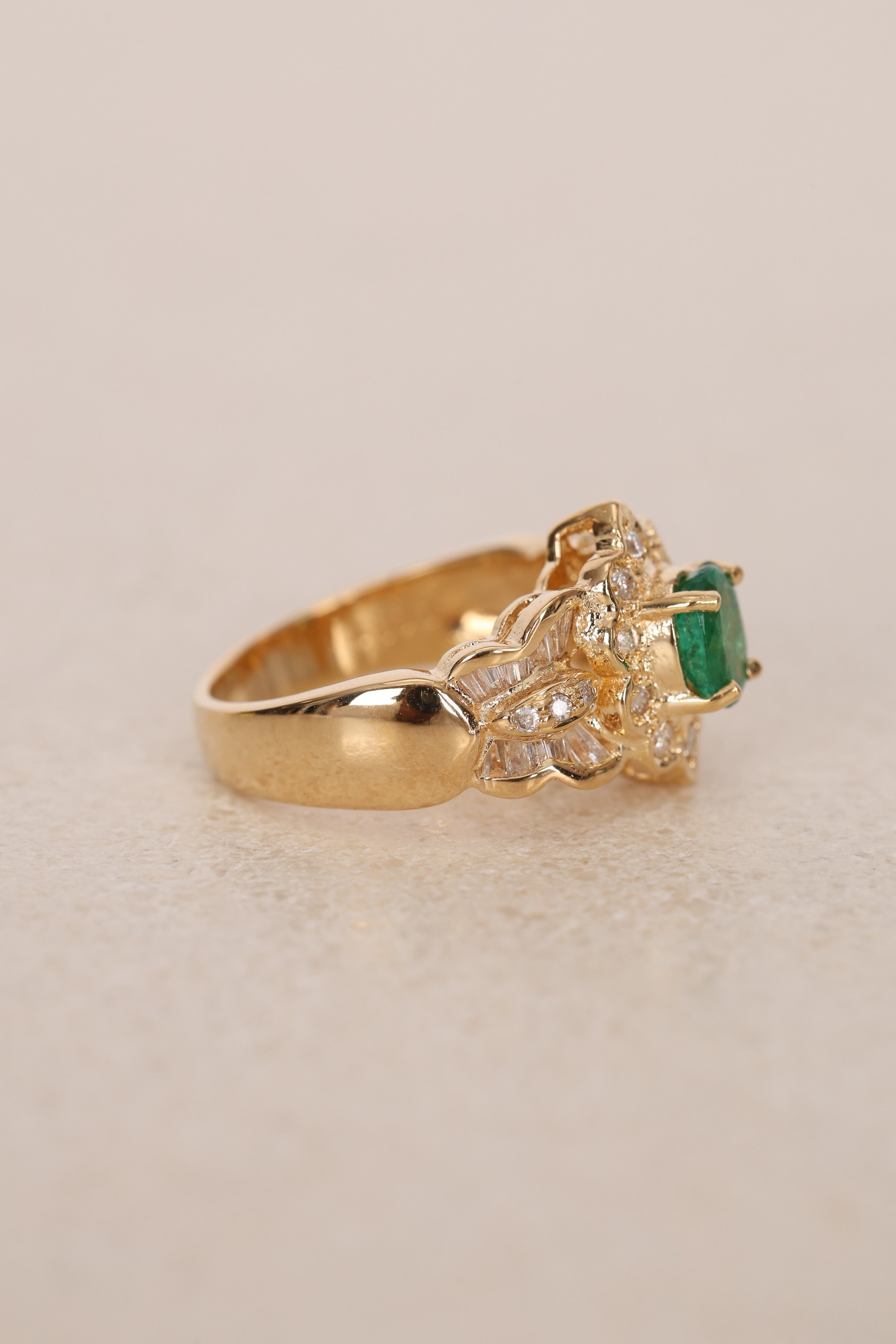 18K Yellow Gold Emerald and Diamond Halo Ring, Size US 5.5