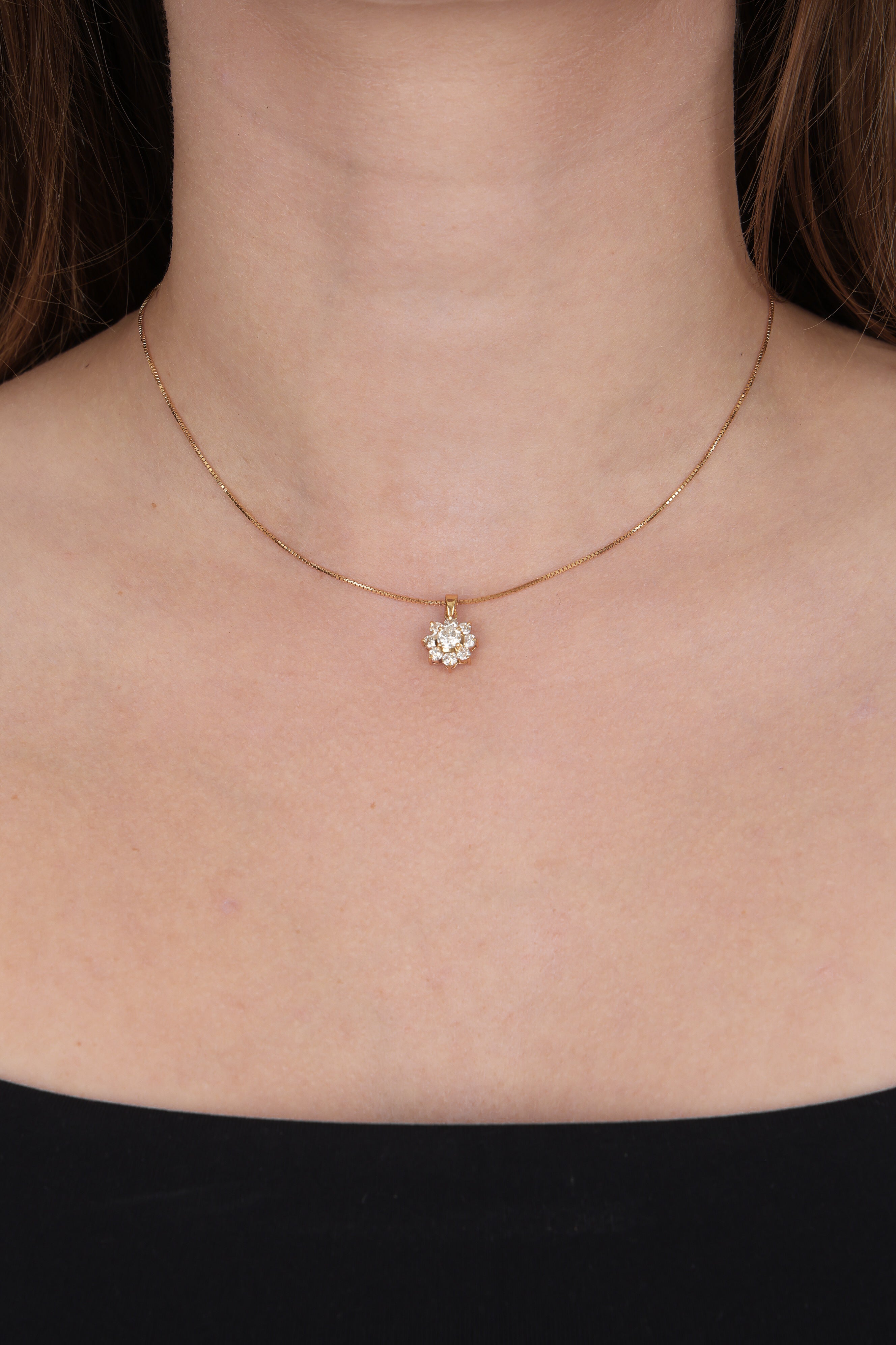 18K Yellow Gold and Diamond Flower Halo Pendant Necklace