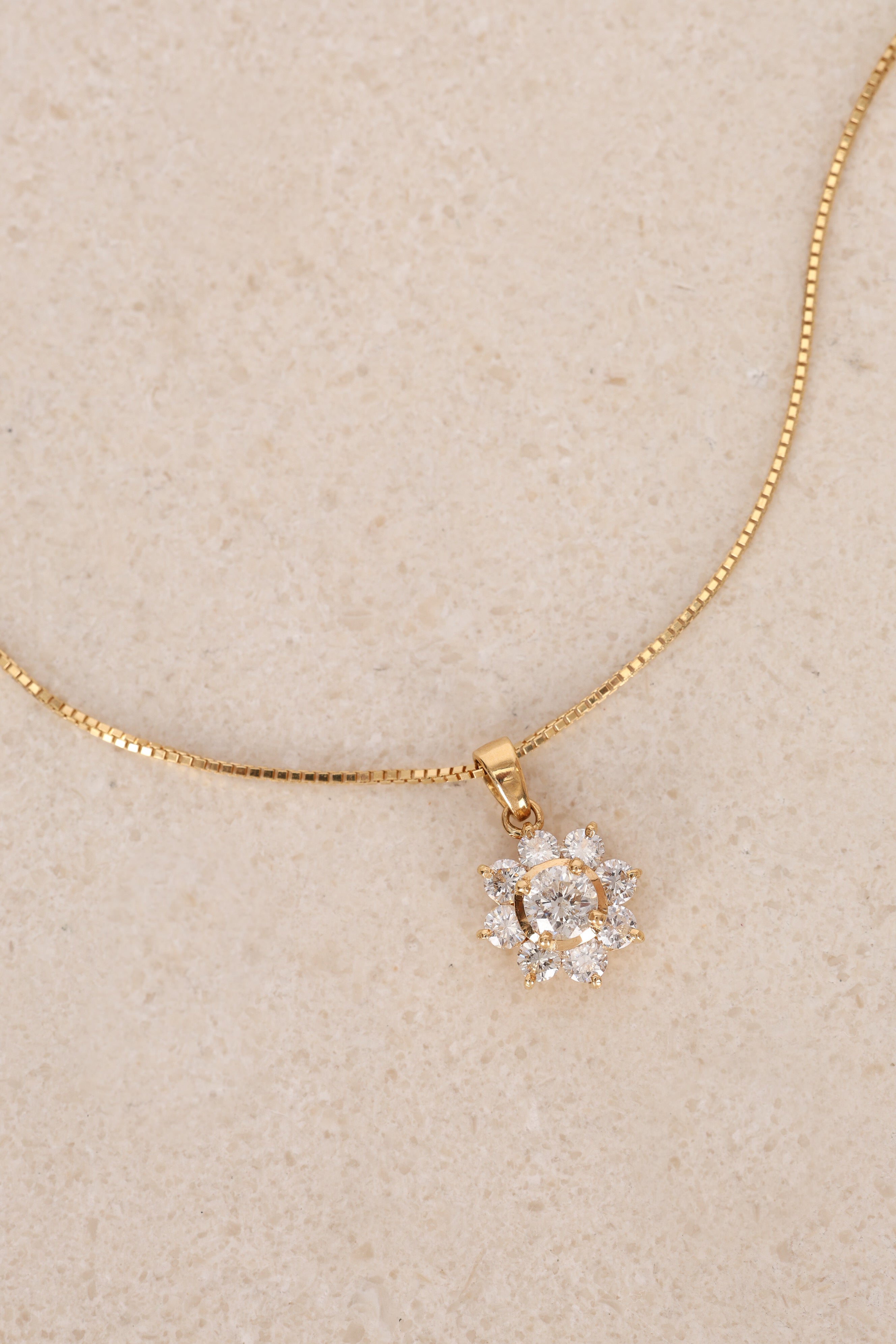 18K Yellow Gold and Diamond Flower Halo Pendant Necklace