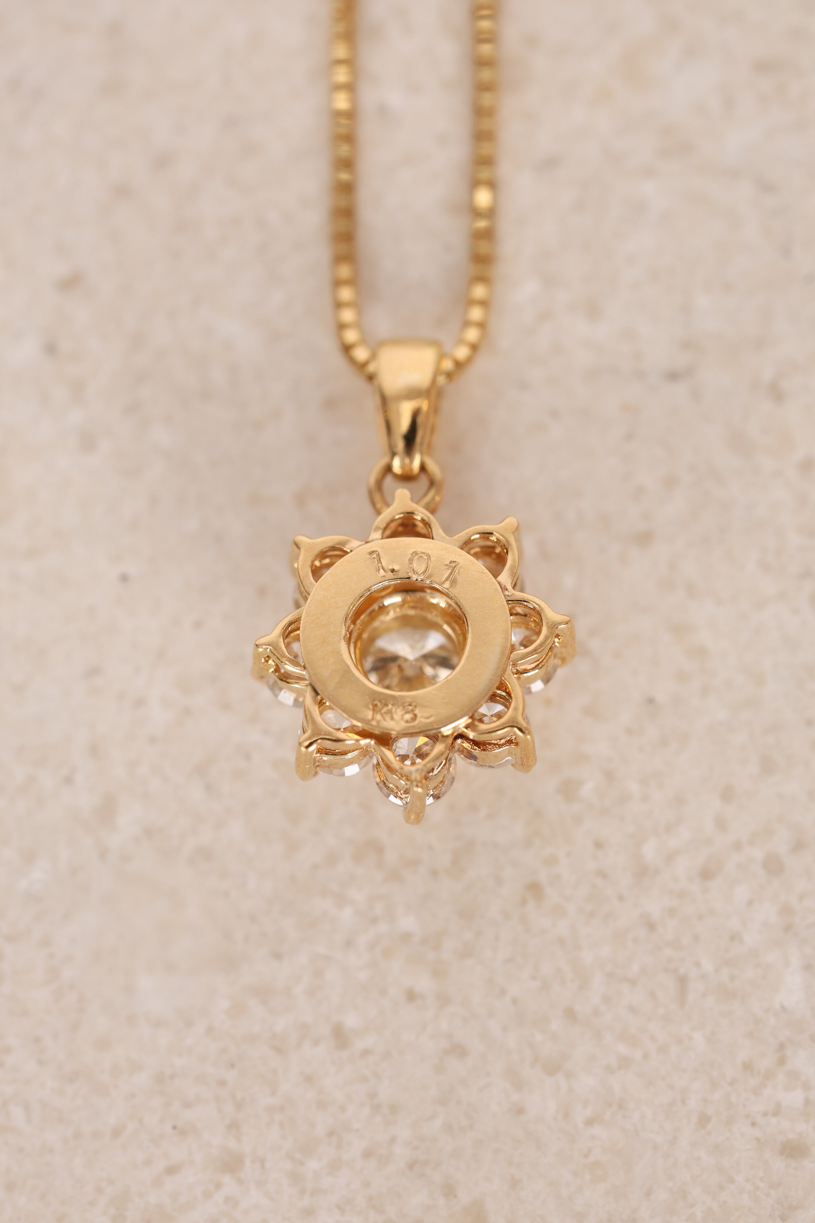 18K Yellow Gold and Diamond Flower Halo Pendant Necklace