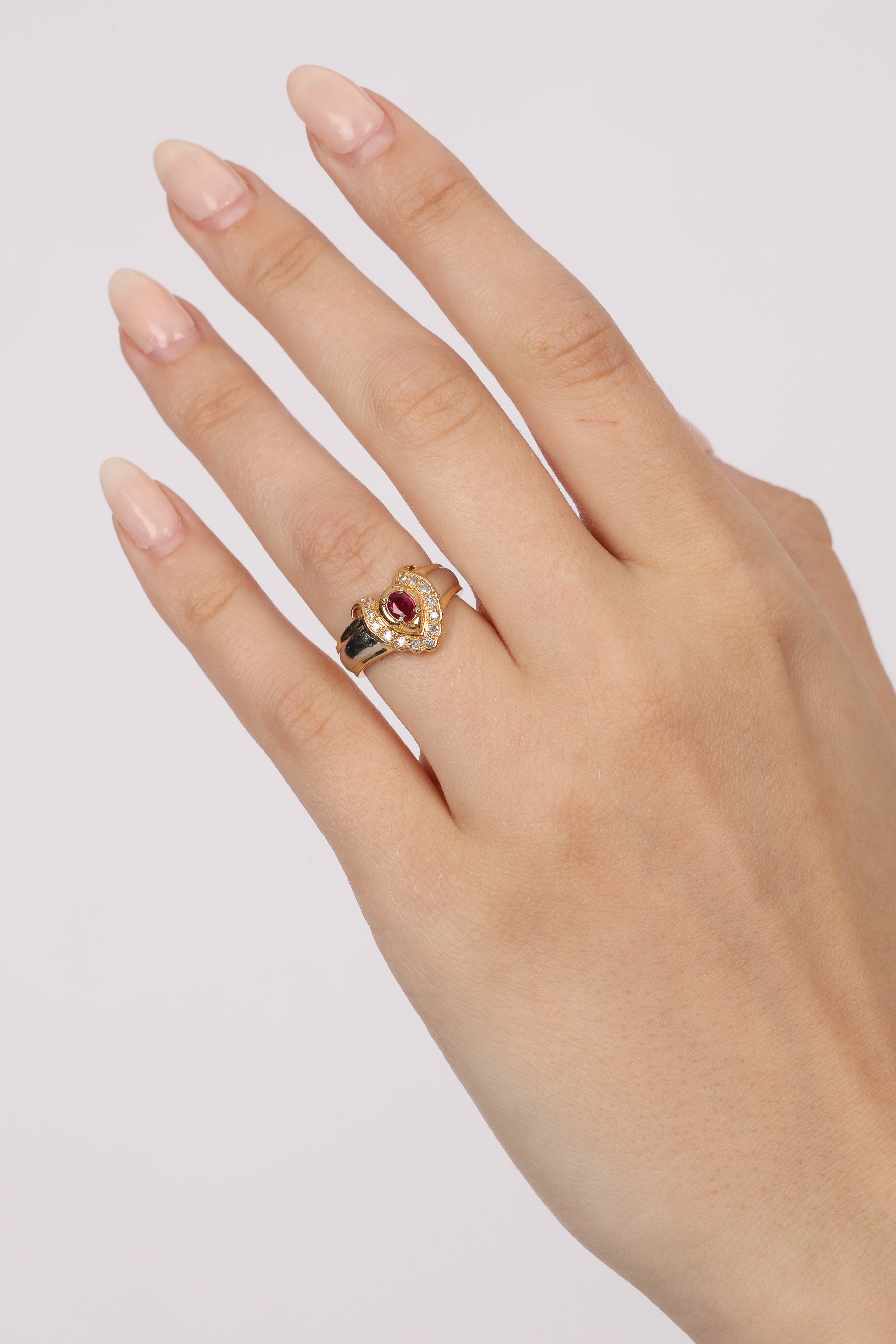 18K Yellow Gold and Platinum Ruby and Diamond Flower Halo Ring, Size US 5