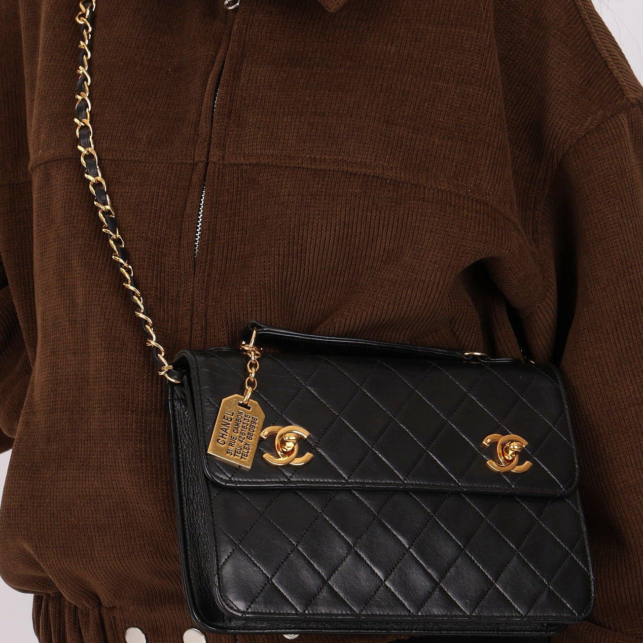 Chanel Double Turnlock Top Handle Bag Black Lambskin 24K GP