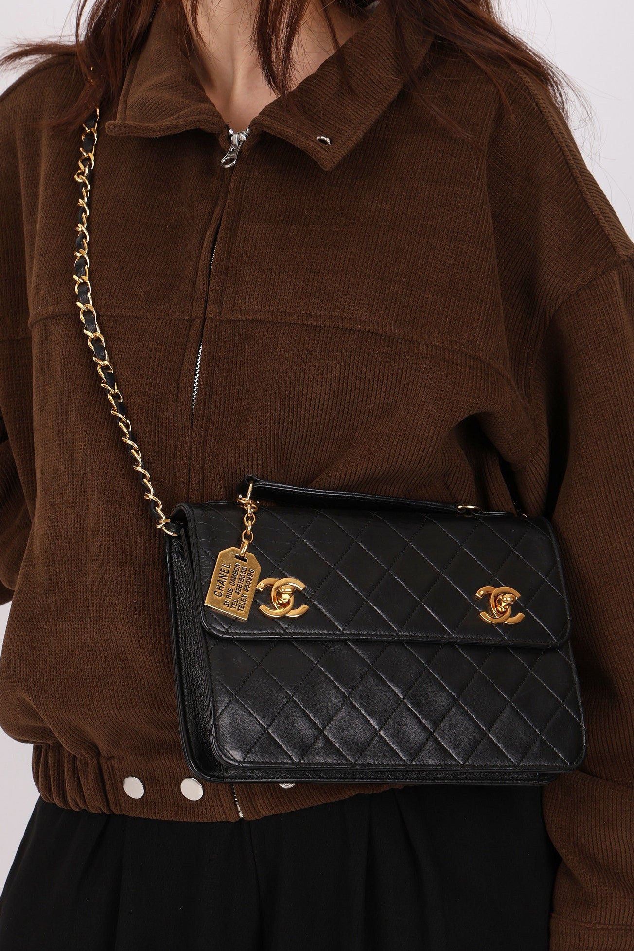 Chanel Double Turnlock Top Handle Bag Black Lambskin 24K GP