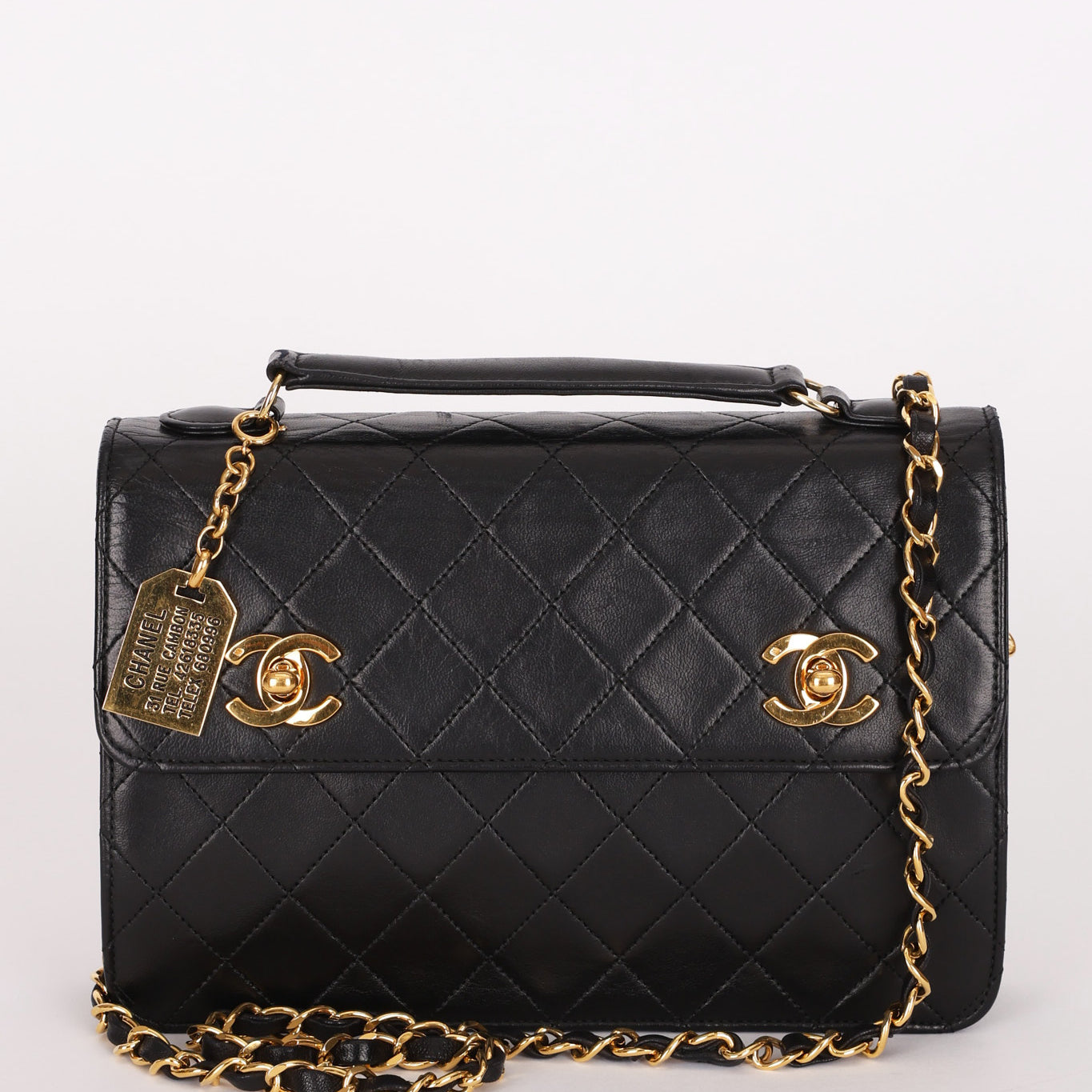 Chanel Double Turnlock Top Handle Bag Black Lambskin 24K GP