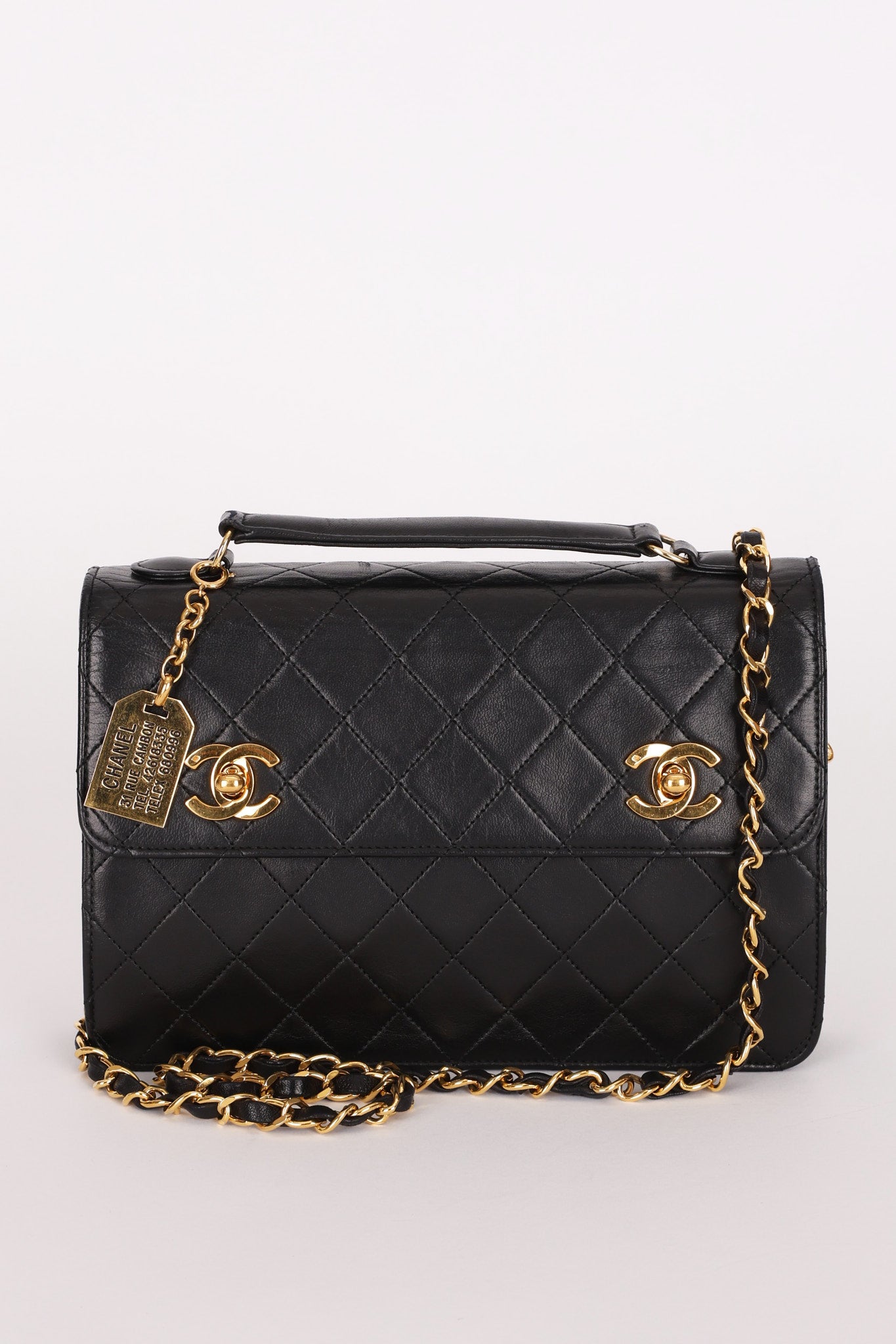 Chanel Double Turnlock Top Handle Bag Black Lambskin 24K GP