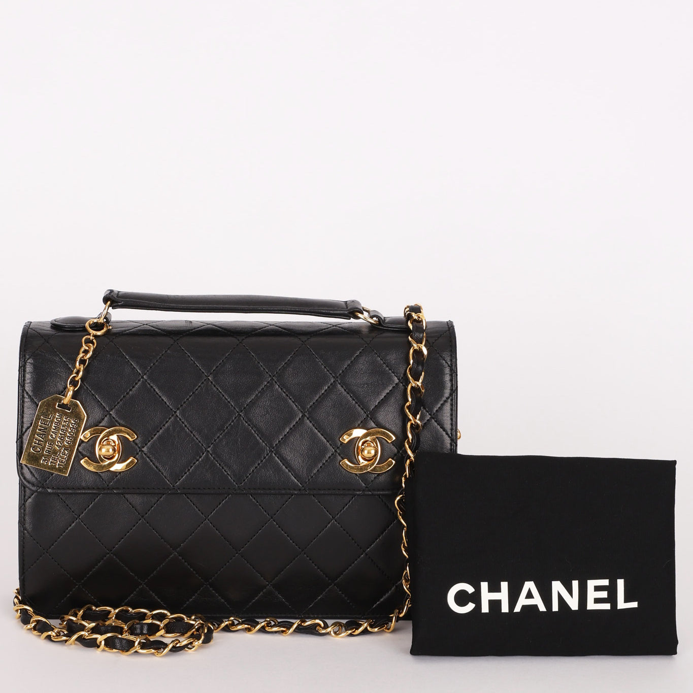 Chanel Double Turnlock Top Handle Bag Black Lambskin 24K GP