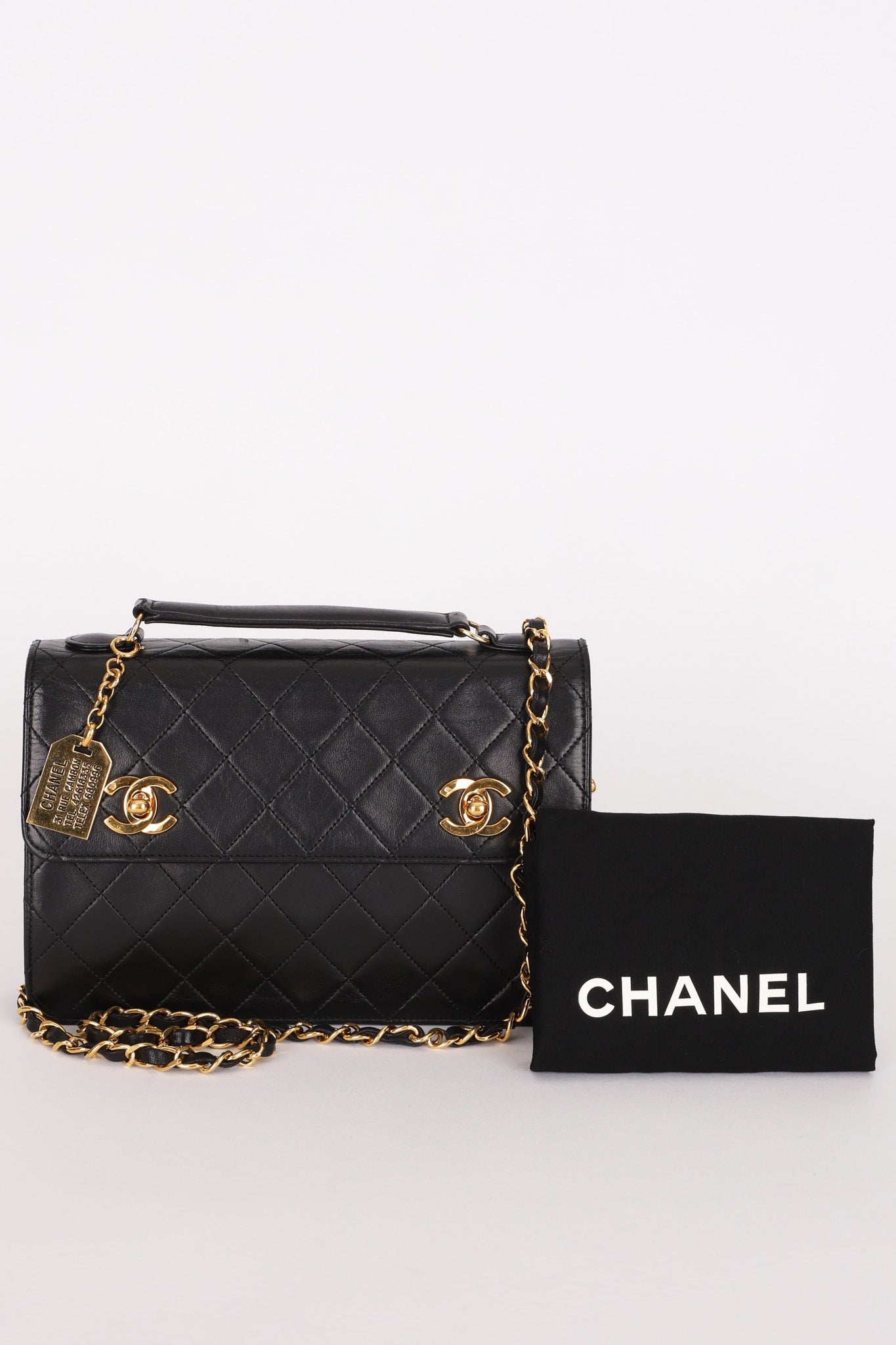 Chanel Double Turnlock Top Handle Bag Black Lambskin 24K GP