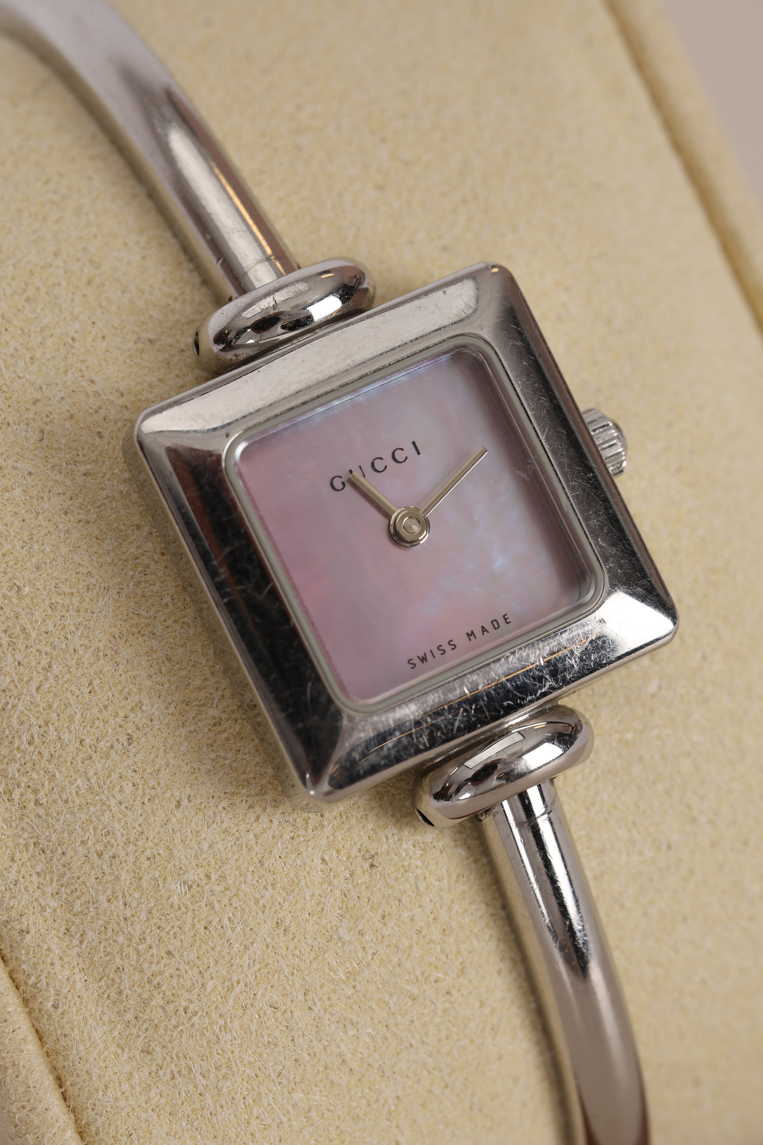 Gucci 1900L Square Stainless Steel Pink Mother of Pearl Face Watch 19mm
