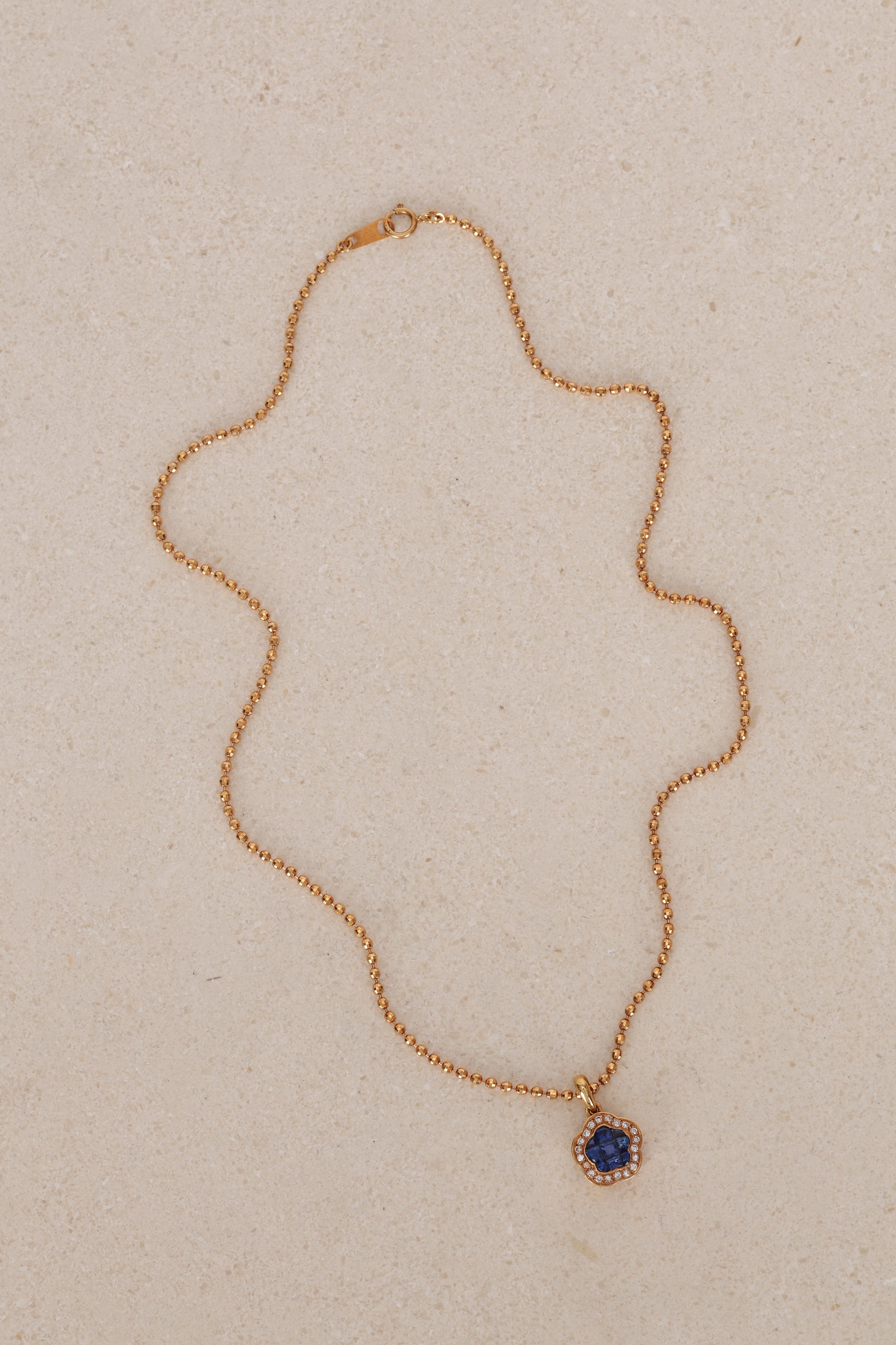 18K Yellow Gold Square Cut Sapphire and Diamond Flower Charm Necklace - Drop 12