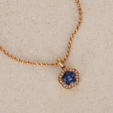 18K Yellow Gold Square Cut Sapphire and Diamond Flower Charm Necklace - Drop 12
