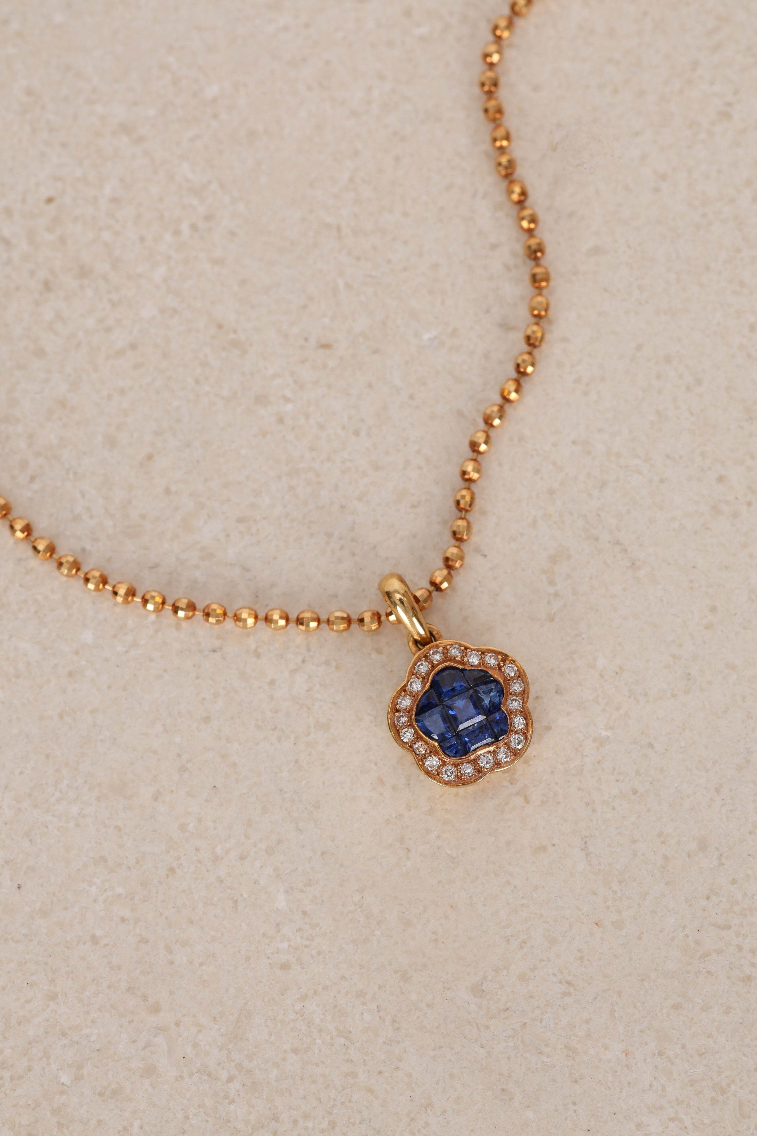 18K Yellow Gold Square Cut Sapphire and Diamond Flower Charm Necklace - Drop 12