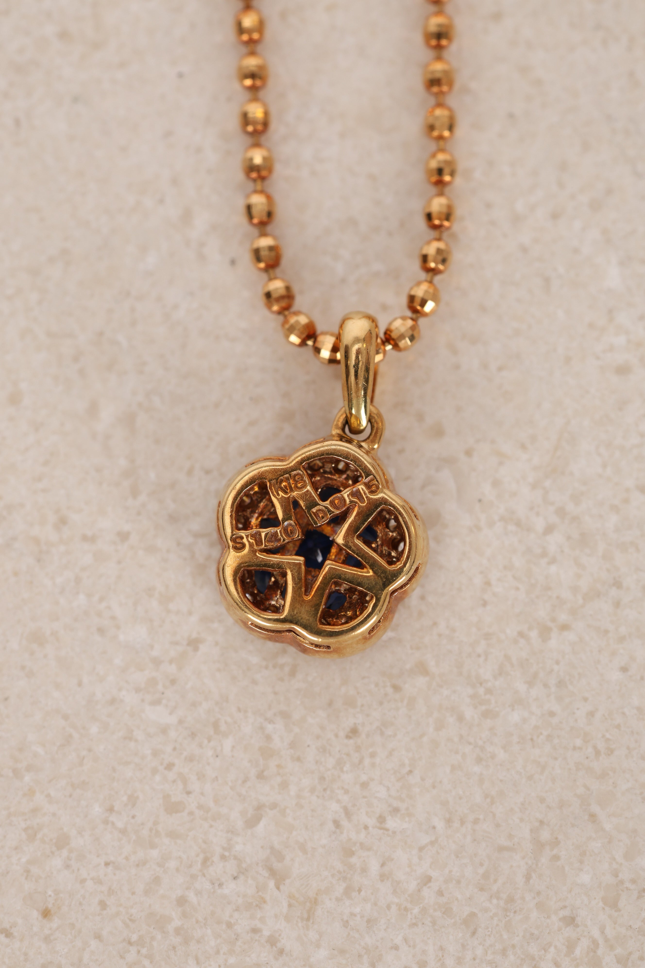 18K Yellow Gold Square Cut Sapphire and Diamond Flower Charm Necklace - Drop 12