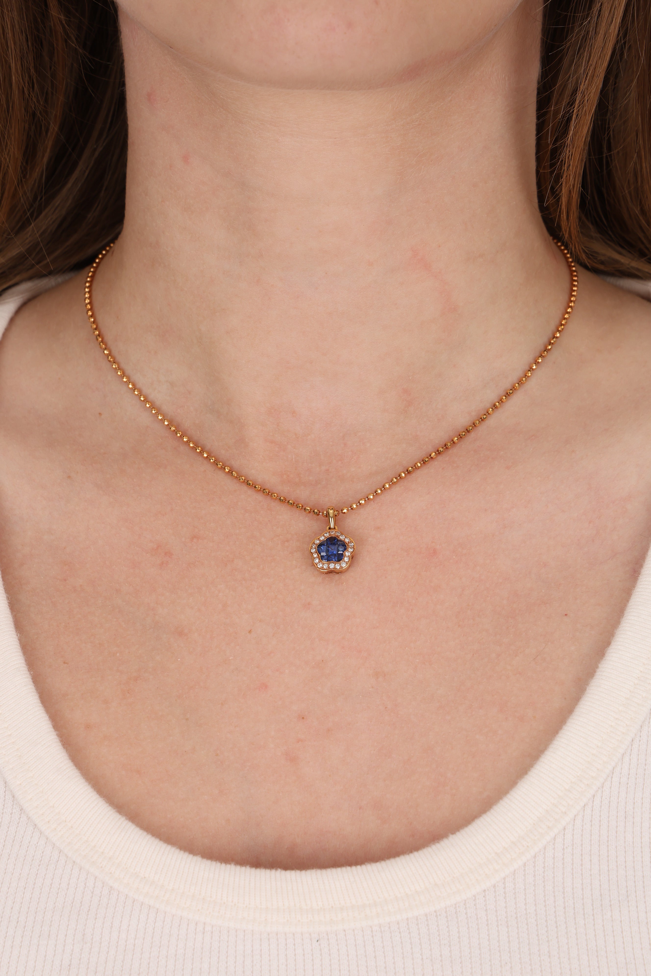 18K Yellow Gold Square Cut Sapphire and Diamond Flower Charm Necklace