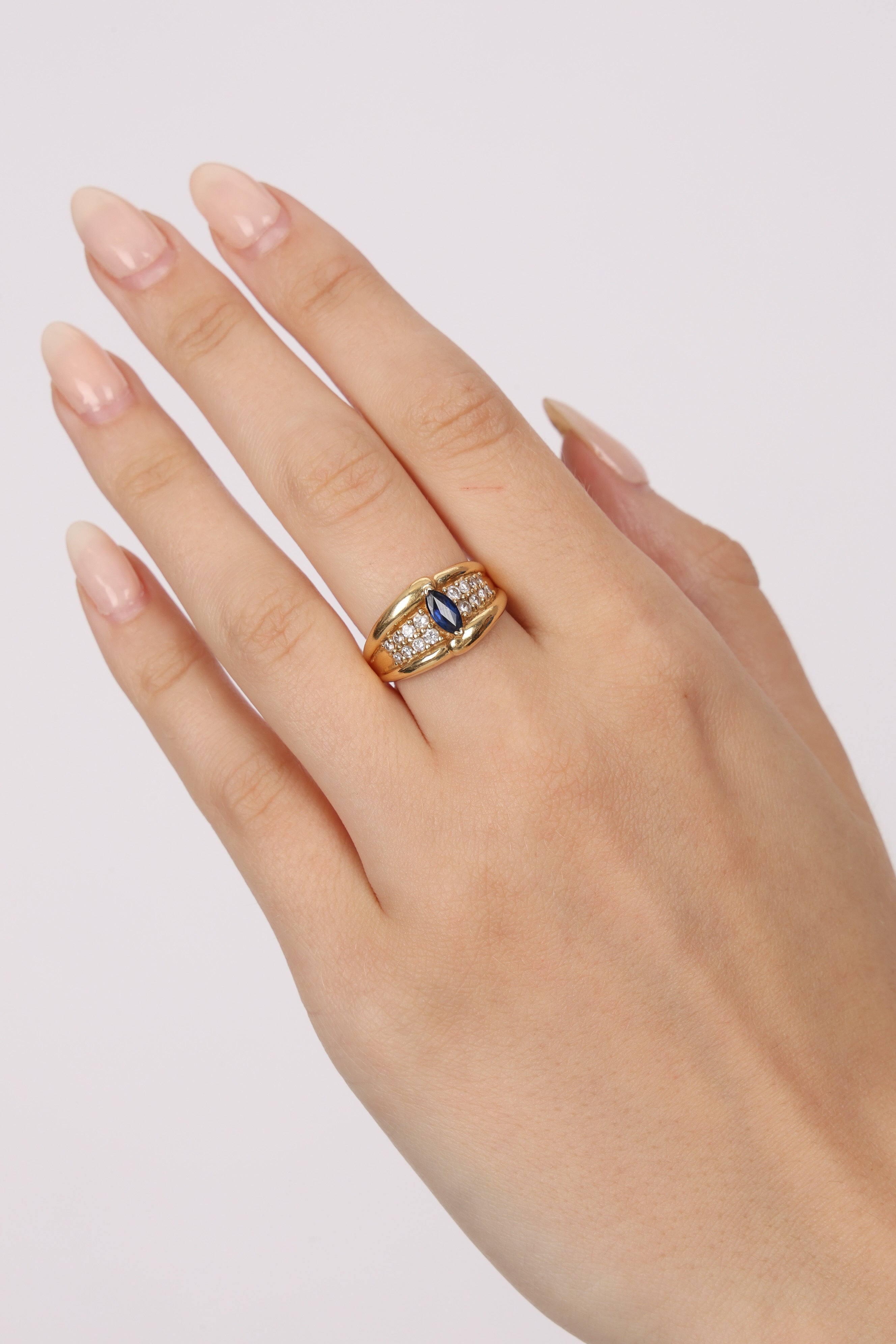 18K Yellow Gold Marquise Cut Sapphire and Diamond Bypass Ring, Size US 7