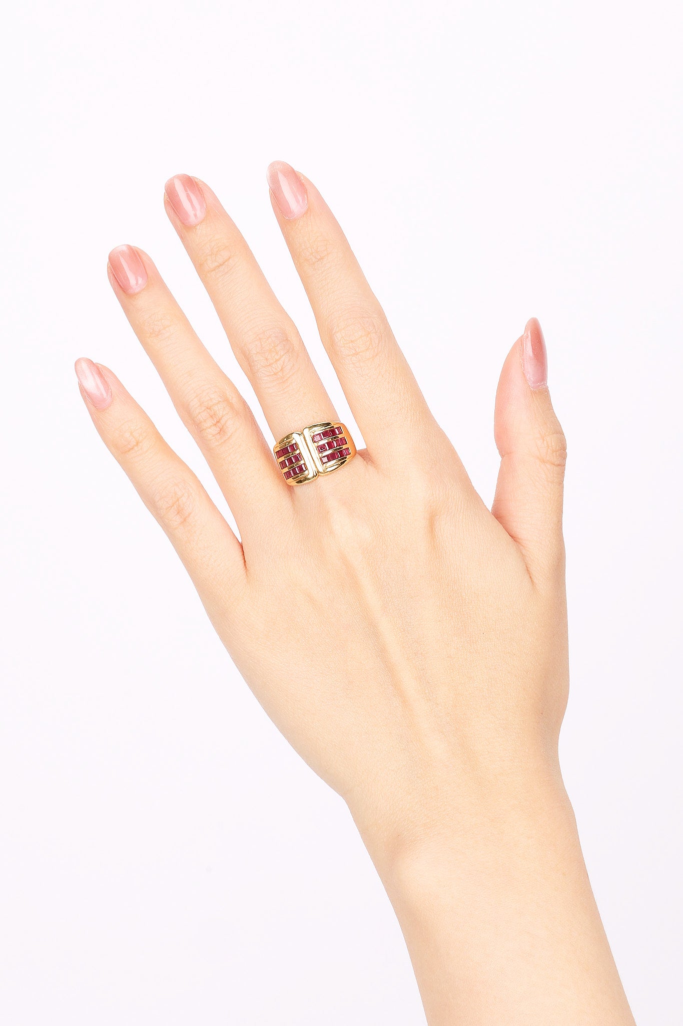 18K Yellow Gold Channel Set Ruby Retro Ring, Size US 6 - Drop 25