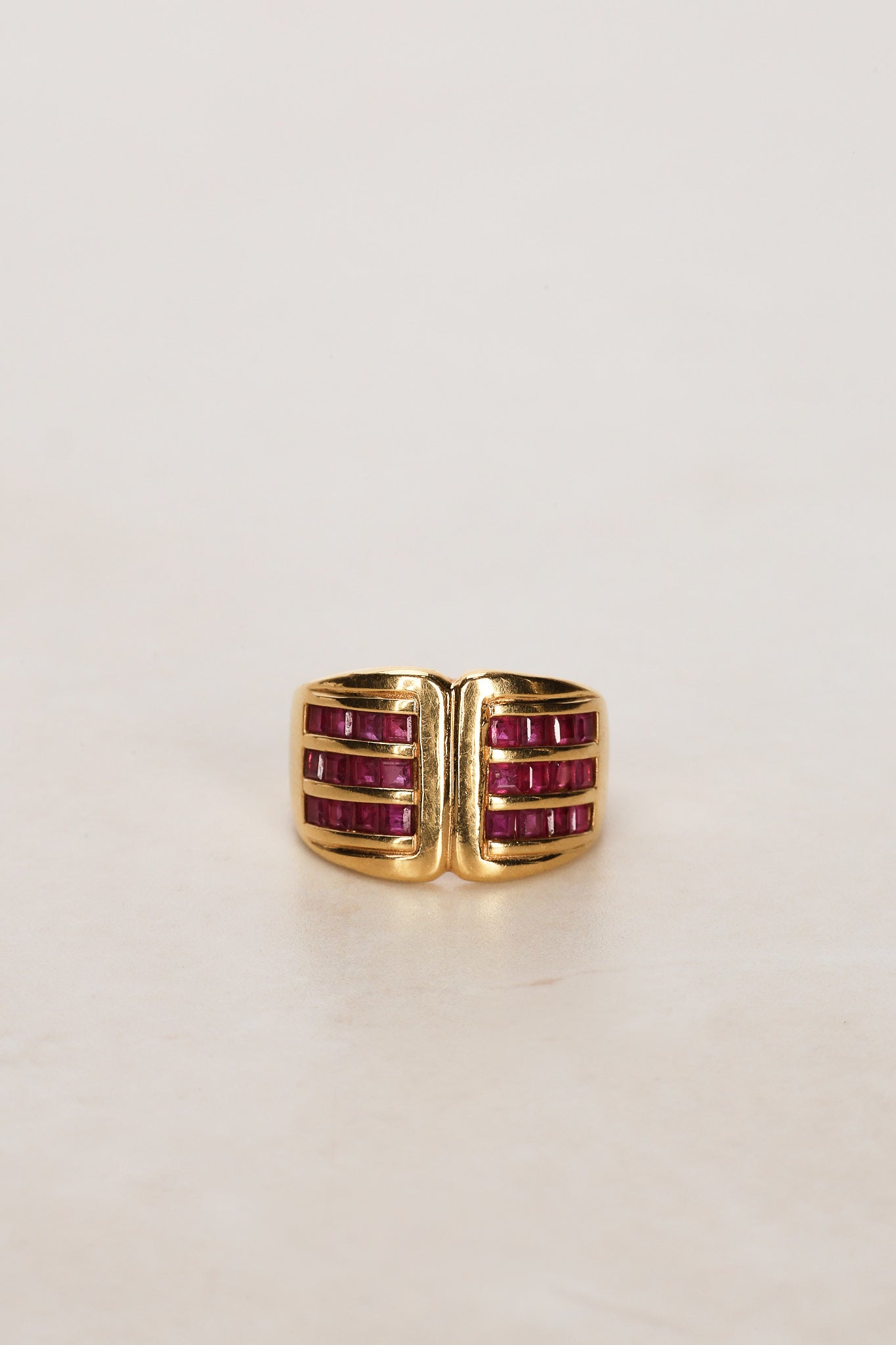 18K Yellow Gold Channel Set Ruby Retro Ring, Size US 6 - Drop 25