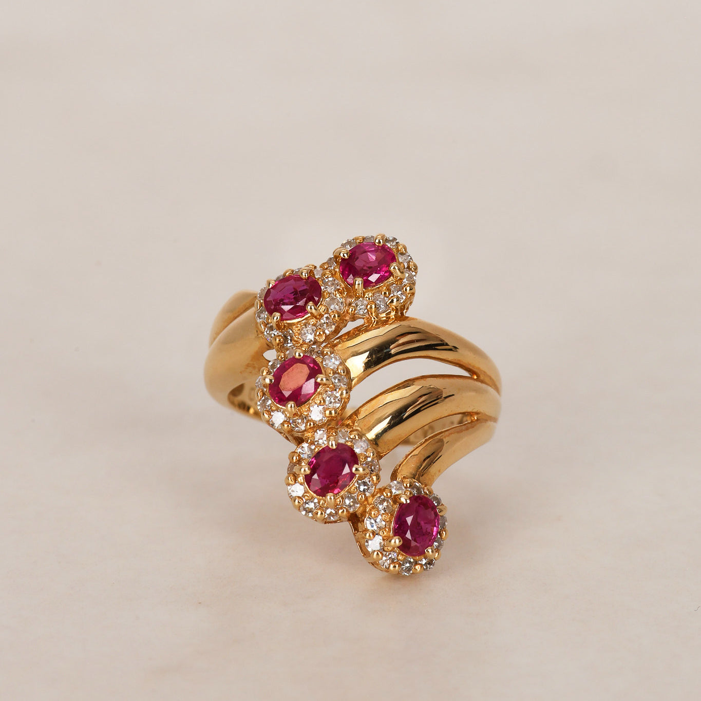 18K Yellow Gold Ruby and Diamond Cascade Ridge Halo Ring, Size US 6