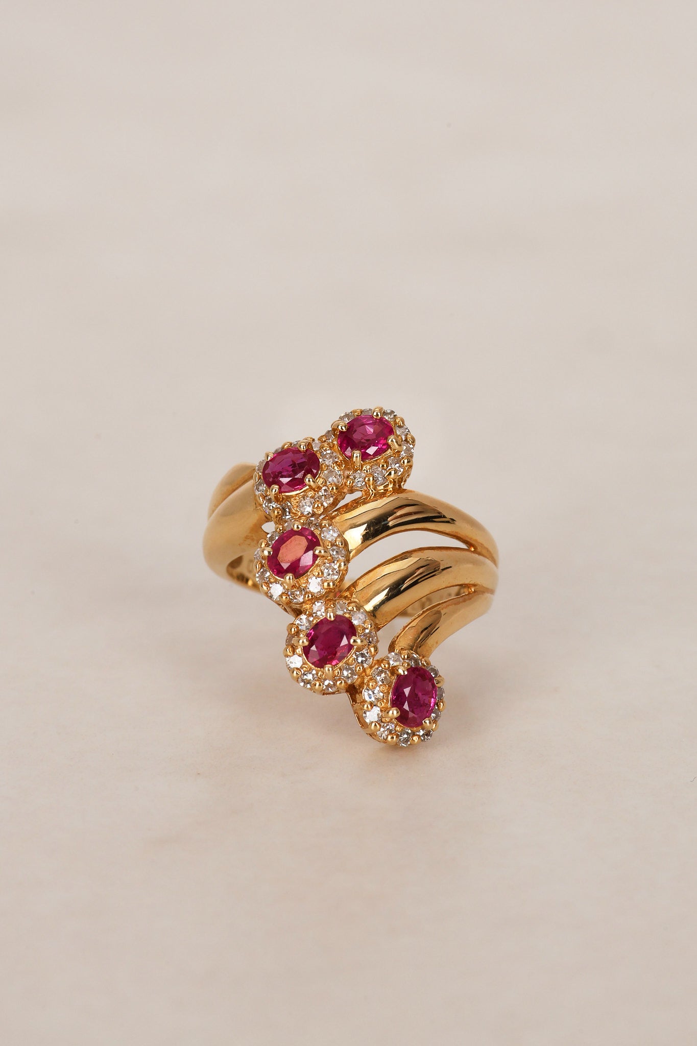 18K Yellow Gold Ruby and Diamond Cascade Ridge Halo Ring, Size US 6