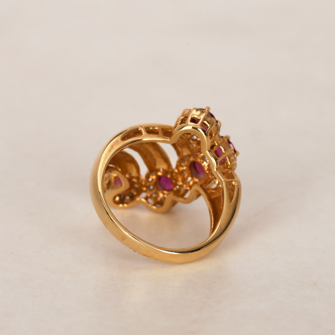 18K Yellow Gold Ruby and Diamond Cascade Ridge Halo Ring, Size US 6