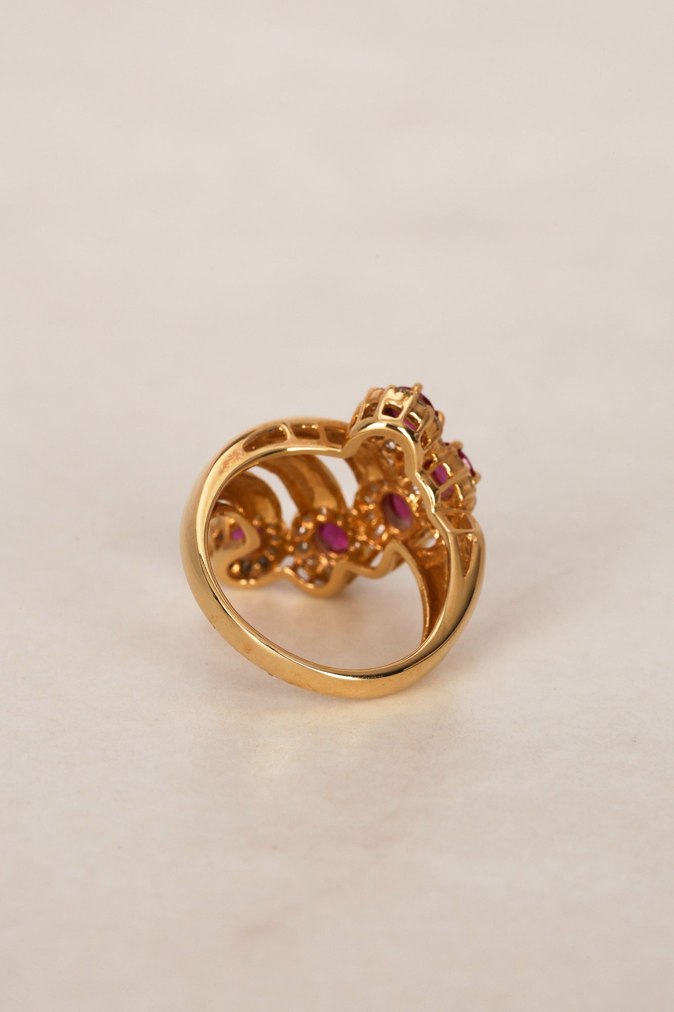 18K Yellow Gold Ruby and Diamond Cascade Ridge Halo Ring, Size US 6