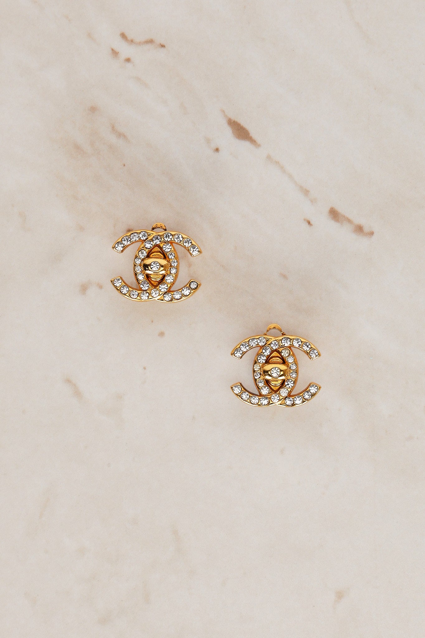 Chanel 1996 Crystal CC Clip-On Earrings 24K GP