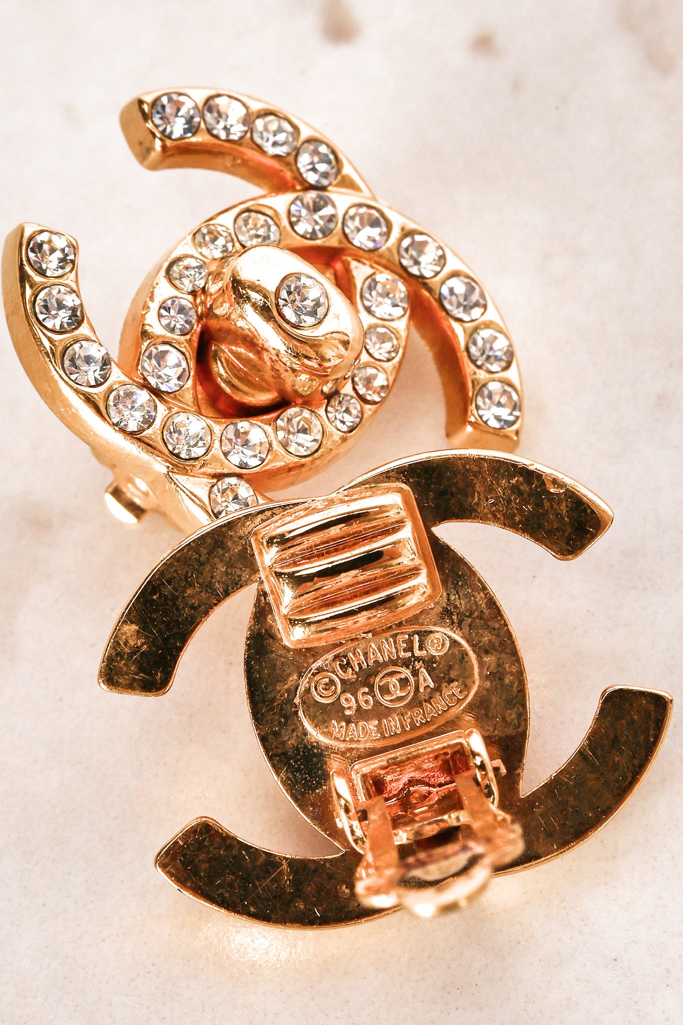 Chanel 1996 Crystal CC Clip-On Earrings 24K GP