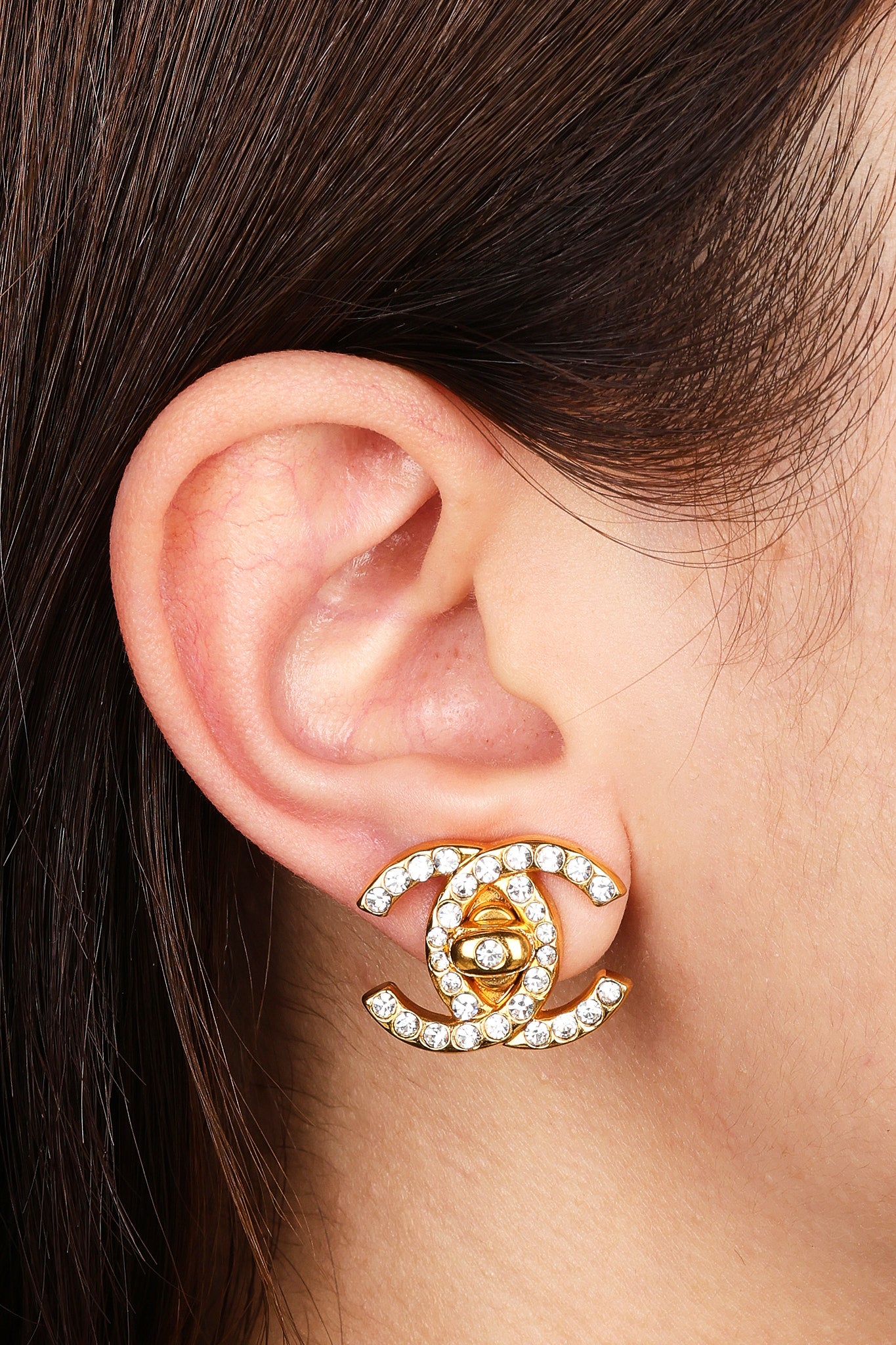 Chanel 1996 Crystal CC Clip-On Earrings 24K GP