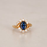 Vintage 1980s 14K Yellow Gold Sapphire and Diamond Halo Ring, Size US 5.5