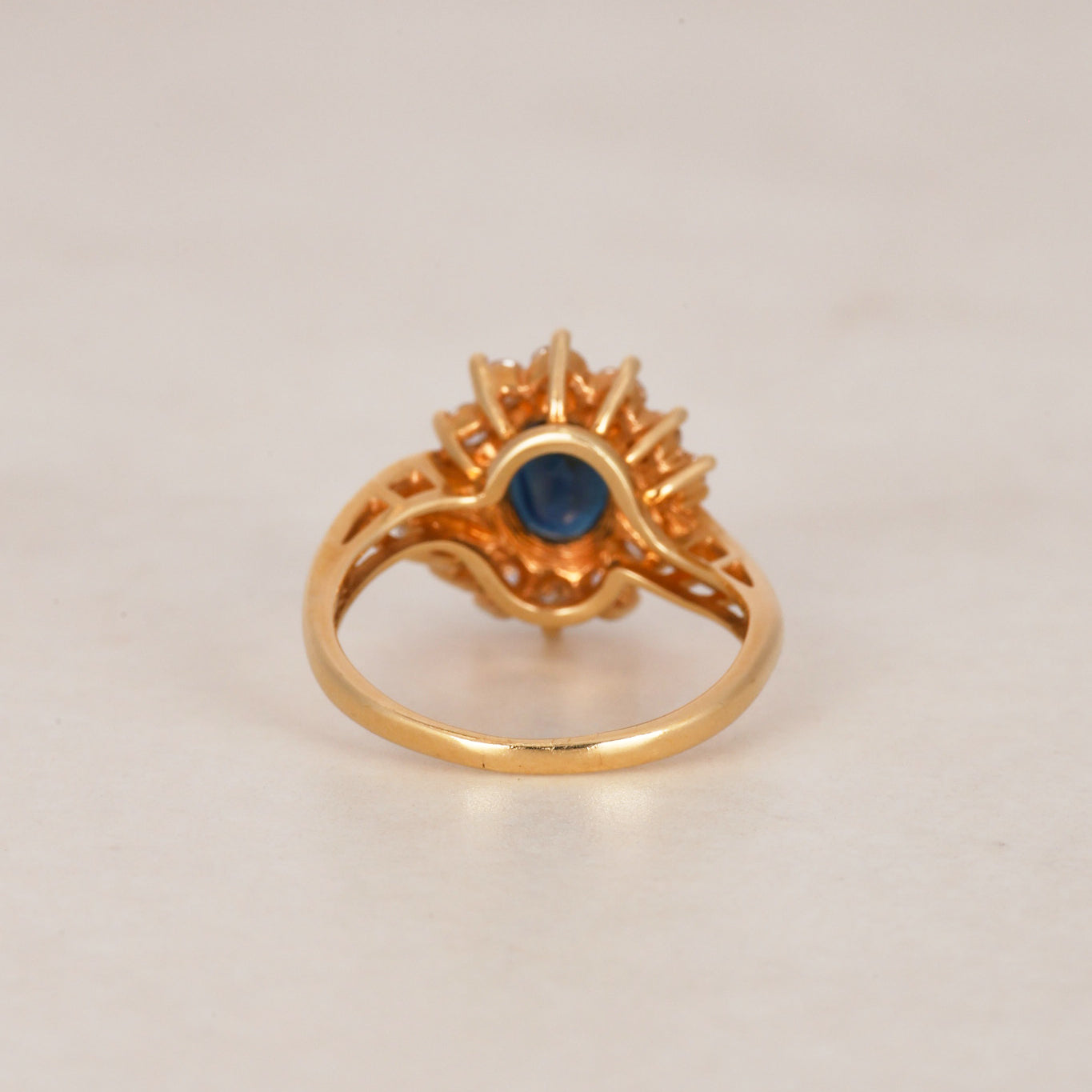 Vintage 1980s 14K Yellow Gold Sapphire and Diamond Halo Ring, Size US 5.5