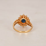 Vintage 1980s 14K Yellow Gold Sapphire and Diamond Halo Ring, Size US 5.5