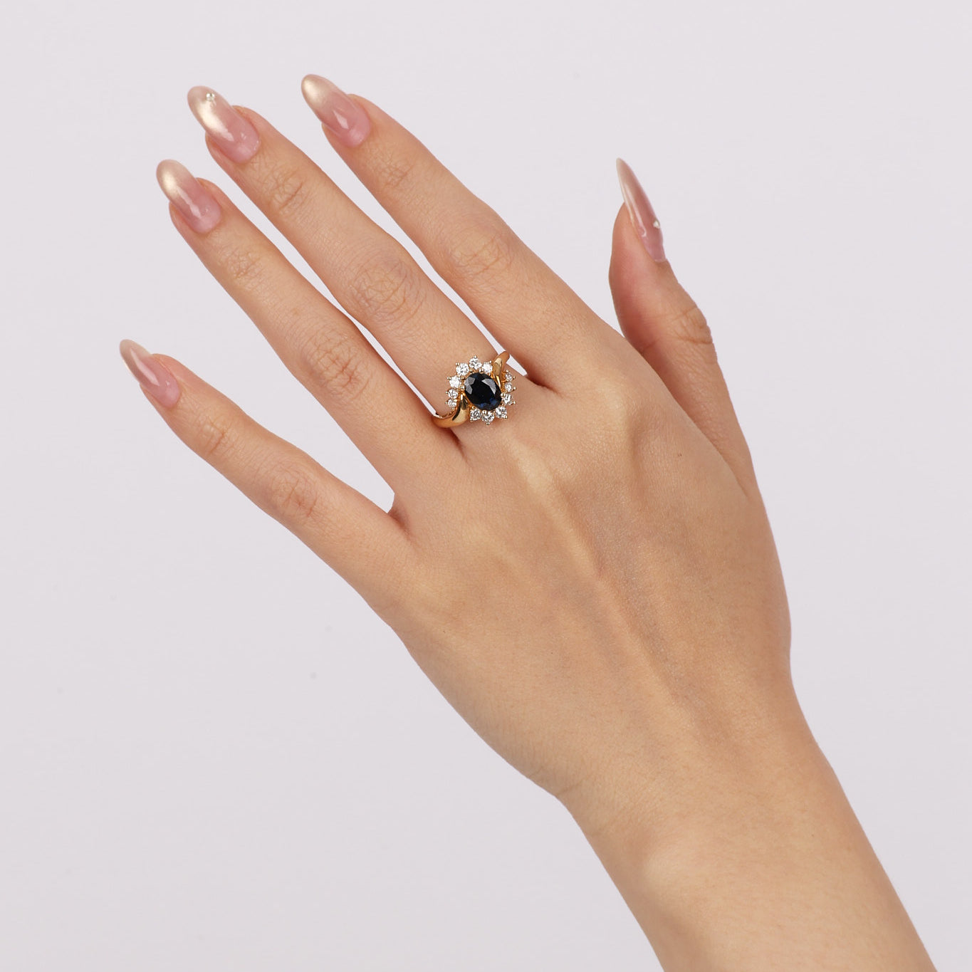 14K Yellow Gold Sapphire and Diamond Halo Ring, Size US 5.5