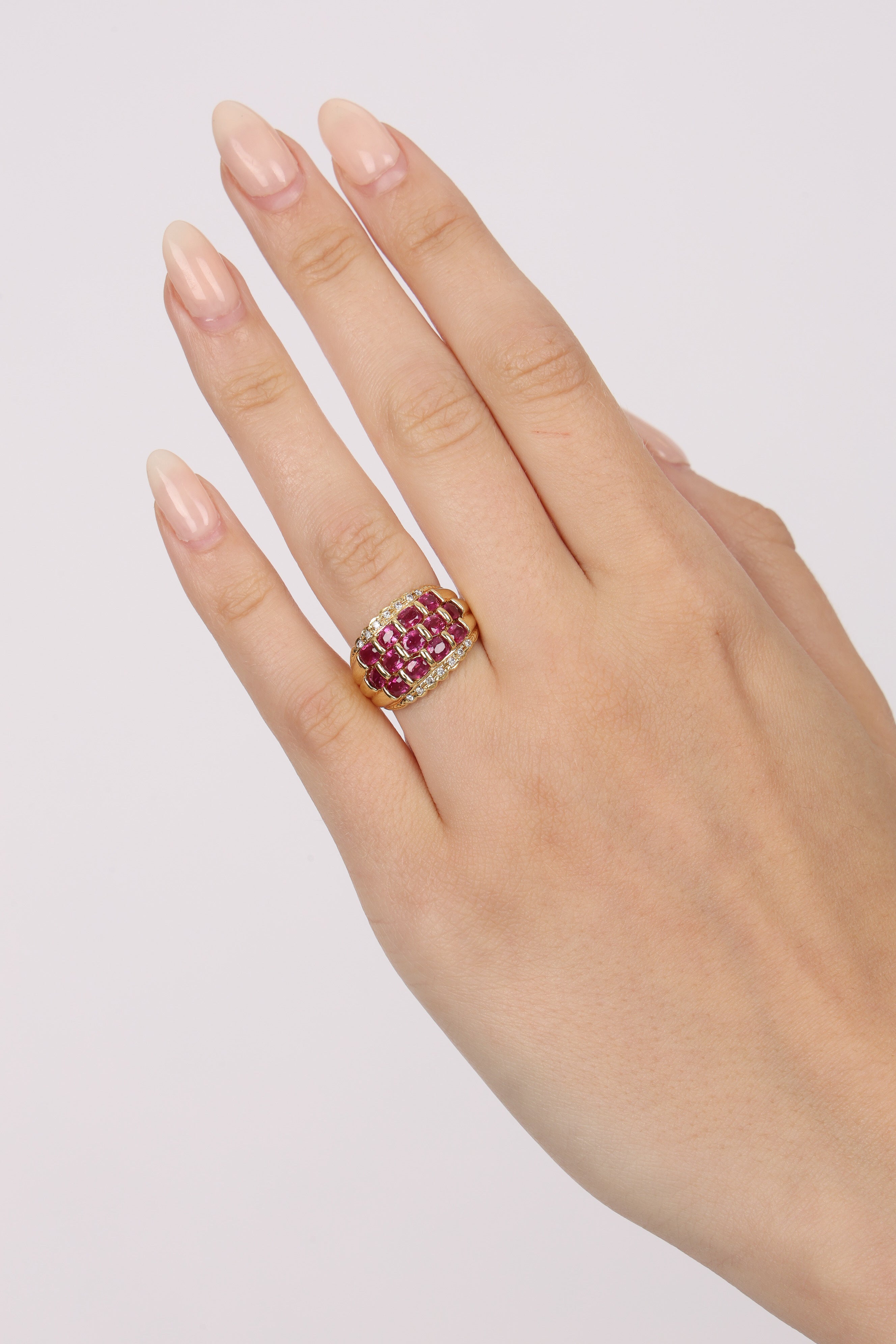 18K Yellow Gold Ruby and Diamond Cluster Ridge Ring, Size US 6
