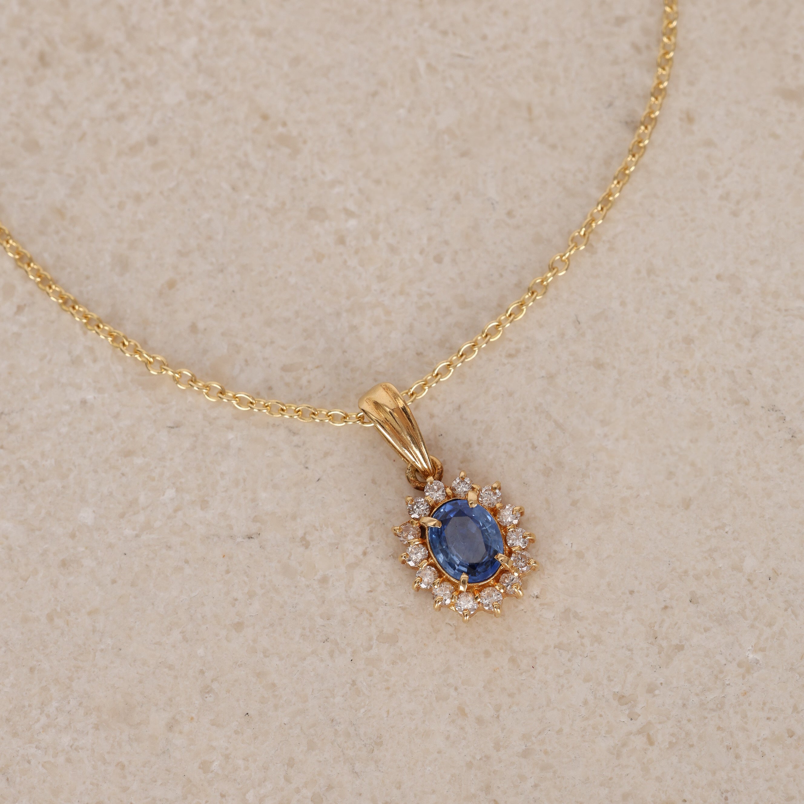 18K Yellow Gold Diamond and Sapphire Charm Pendant 14K Chain Necklace - Drop 12