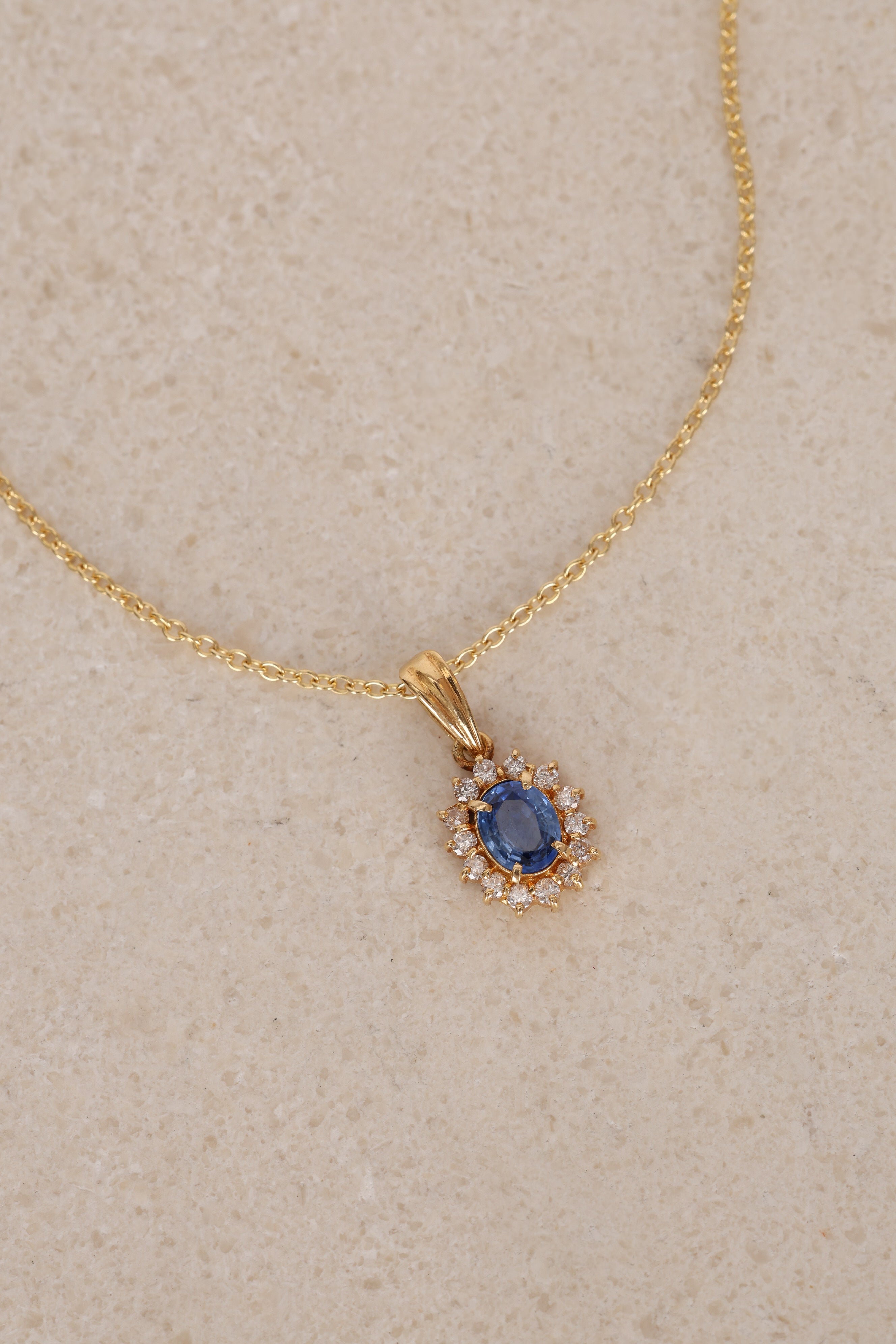 18K Yellow Gold Diamond and Sapphire Charm Pendant 14K Chain Necklace - Drop 12