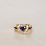 18K Yellow Gold Sapphire and Diamond Heart Motif Ring, Size US 5