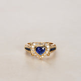 18K Yellow Gold Sapphire and Diamond Heart Motif Ring, Size US 5