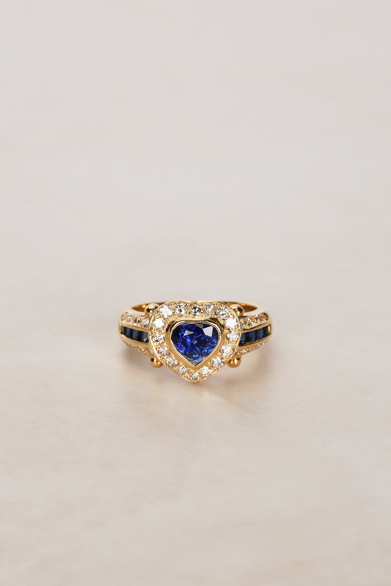 18K Yellow Gold Sapphire and Diamond Heart Motif Ring, Size US 5