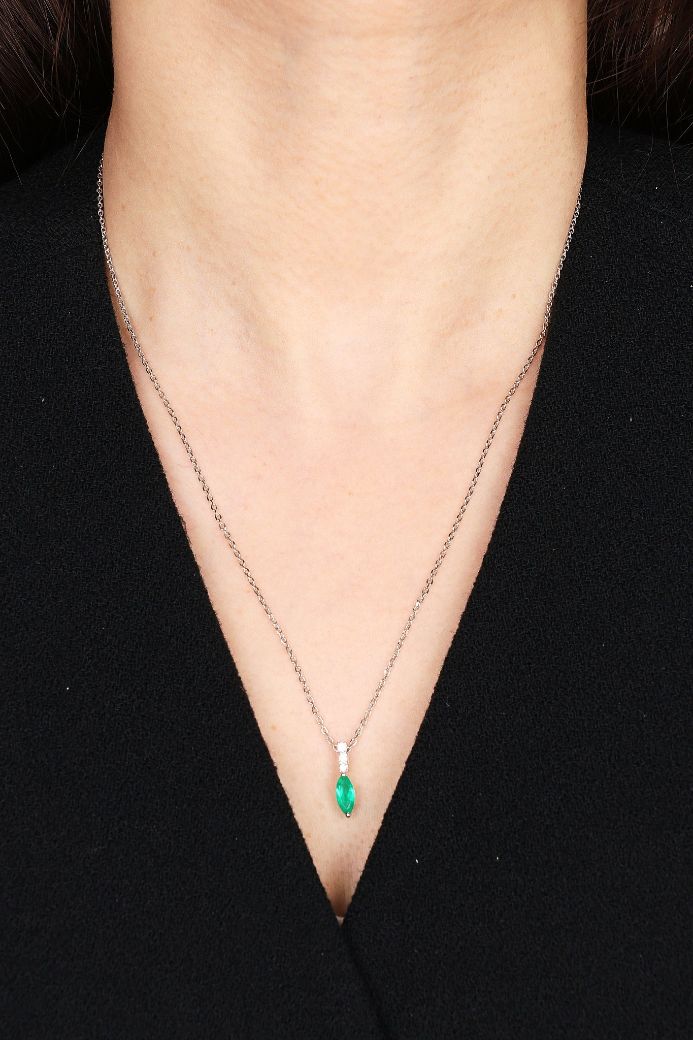 18K White Gold Emerald and Diamond Drop Charm Sterling Silver Necklace - Drop 53