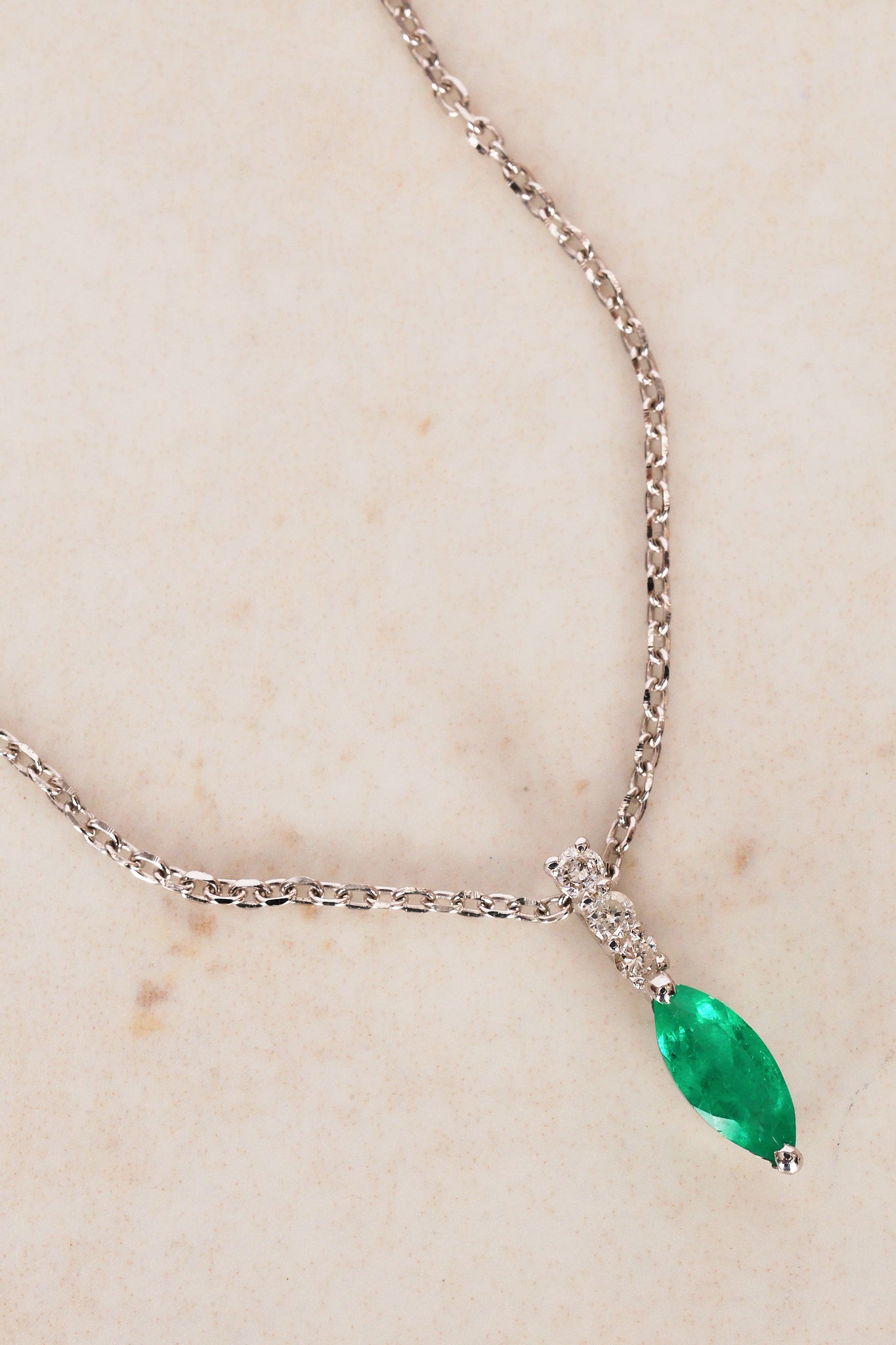 18K White Gold Emerald and Diamond Drop Charm Pendant