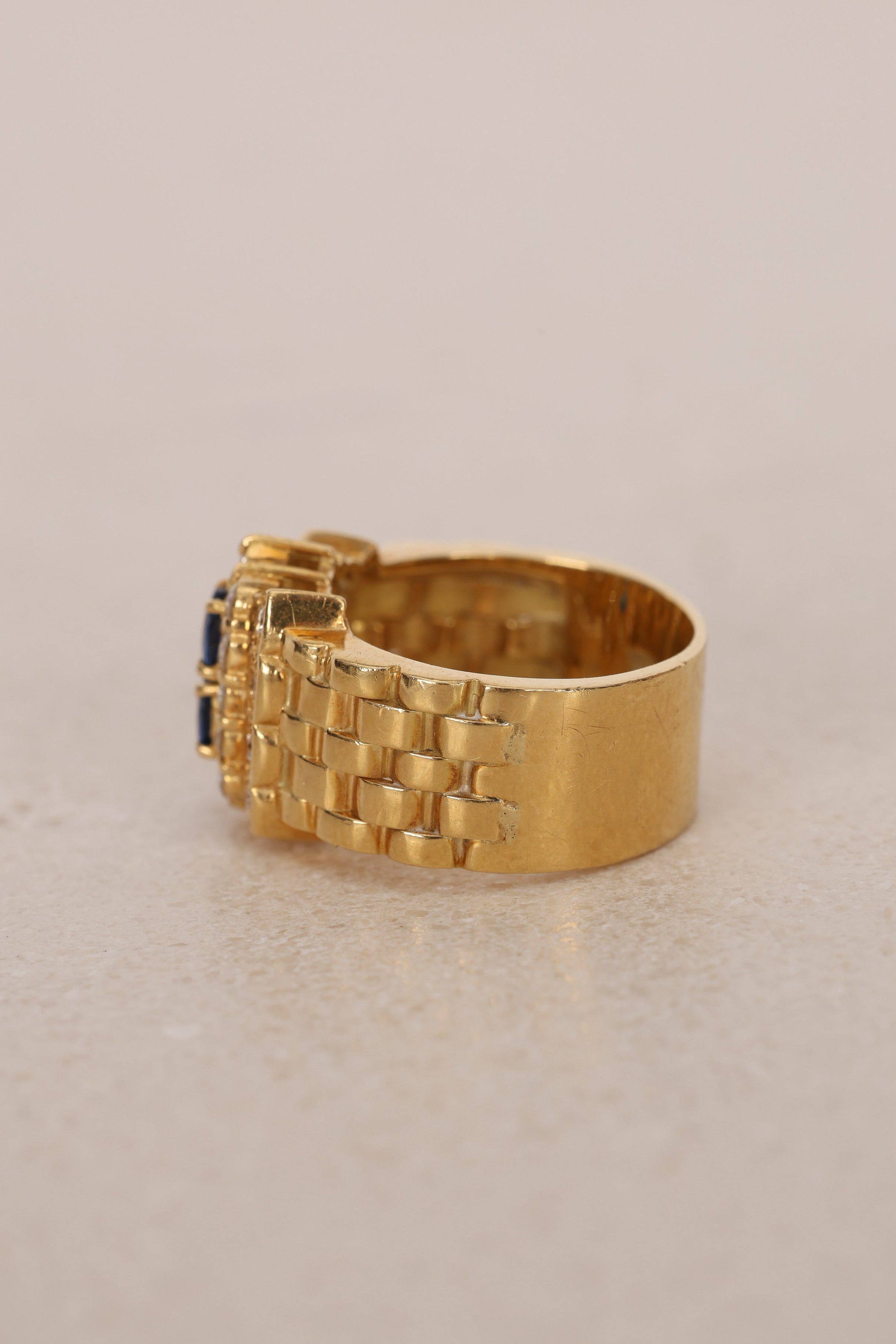 Vintage 1970s - 1980s 18K Yellow Gold and Diamond Sapphire Watch Ring, Size US 6 - Drop 12