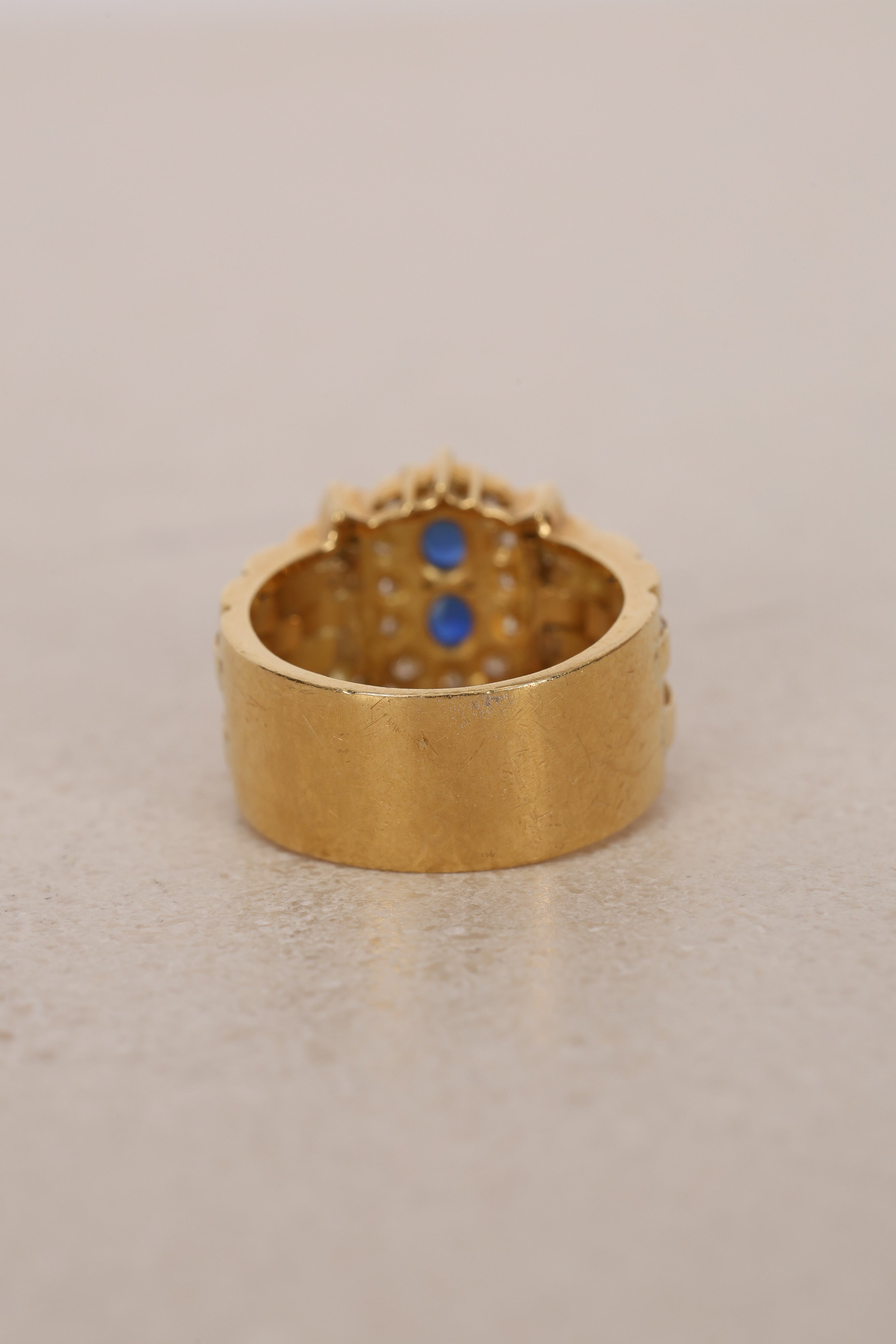 Vintage 1970s - 1980s 18K Yellow Gold and Diamond Sapphire Watch Ring, Size US 6 - Drop 12