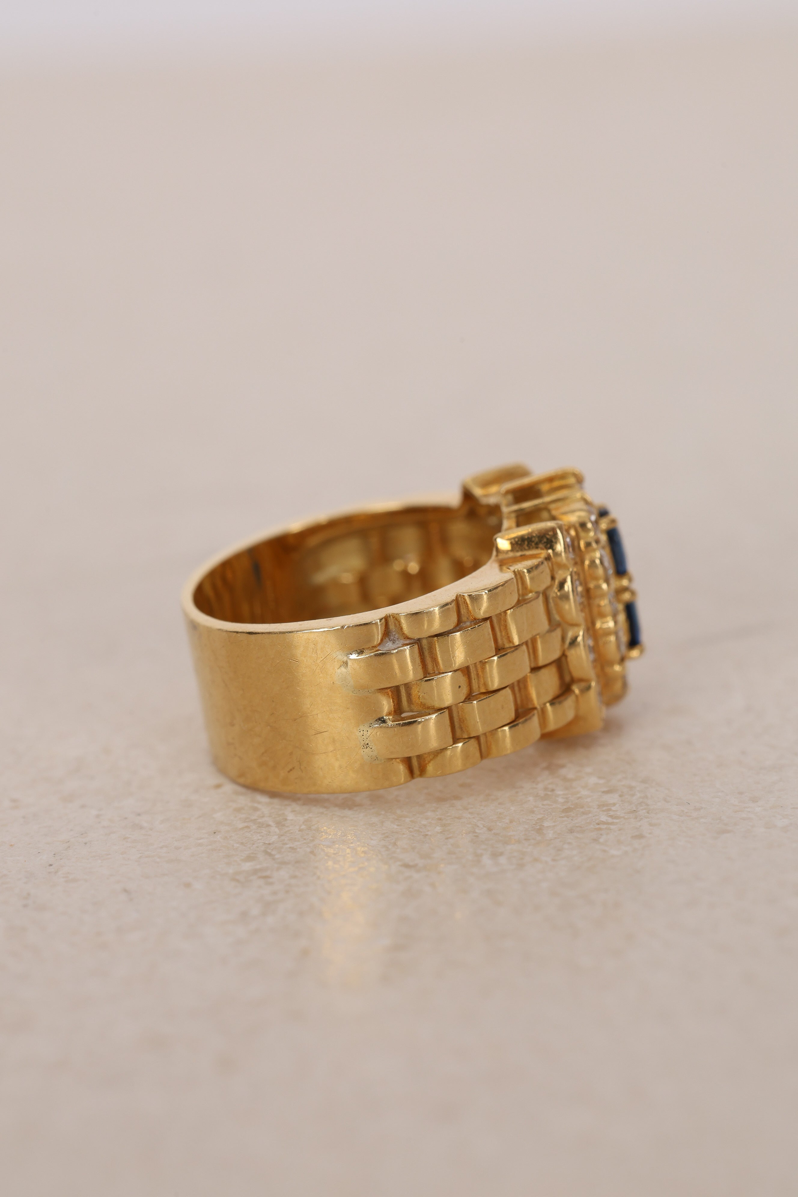 Vintage 1970s - 1980s 18K Yellow Gold and Diamond Sapphire Watch Ring, Size US 6 - Drop 12