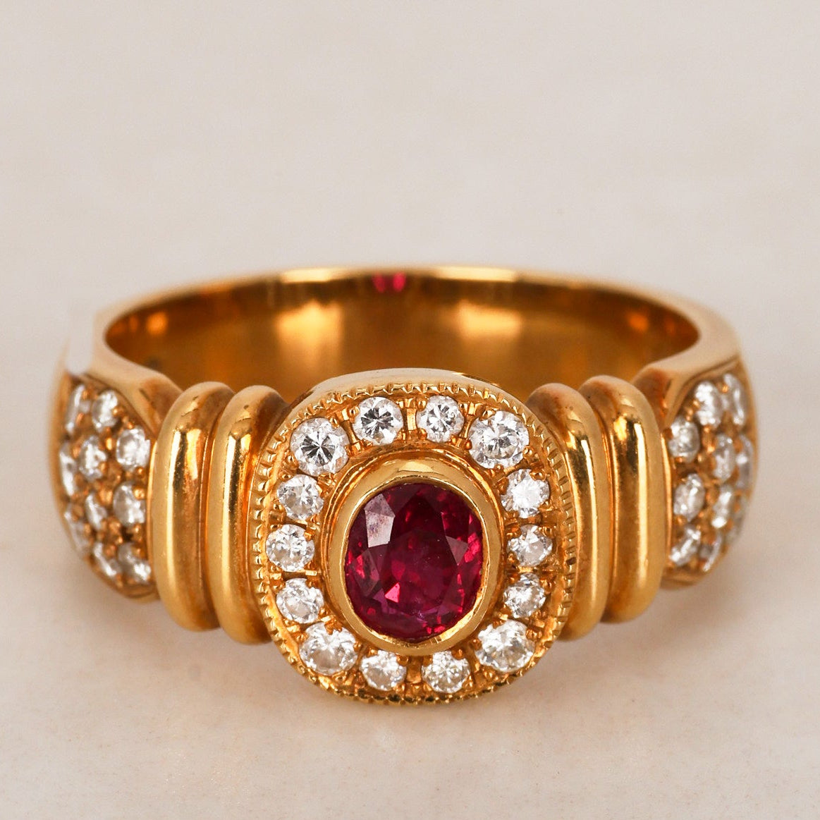 Vintage 1980s 18K Yellow Gold Ruby and Diamond Floral Halo Ring, Size US 6.25