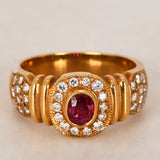 Vintage 1980s 18K Yellow Gold Ruby and Diamond Floral Halo Ring, Size US 6.25