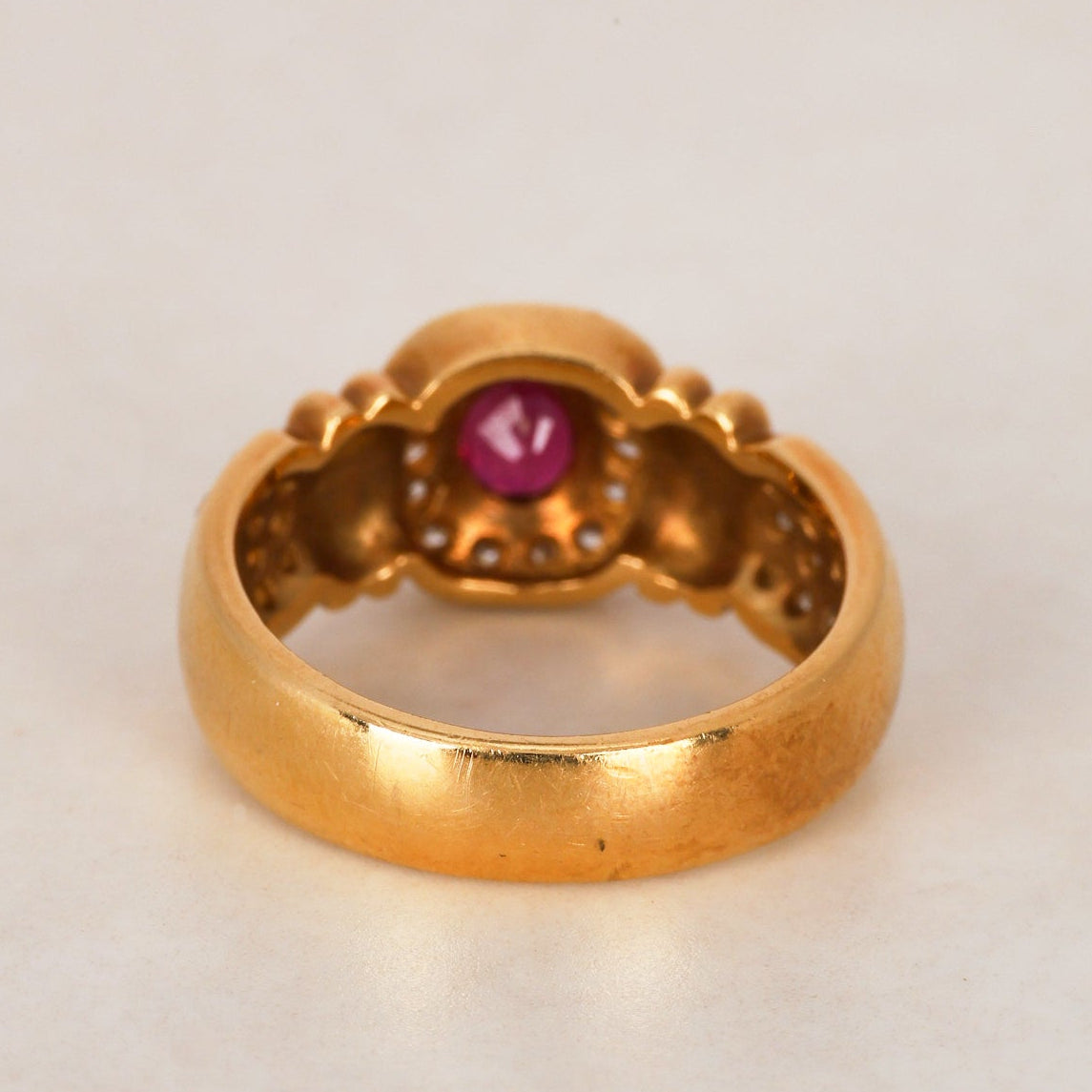 Vintage 1980s 18K Yellow Gold Ruby and Diamond Floral Halo Ring, Size US 6.25