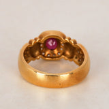 Vintage 1980s 18K Yellow Gold Ruby and Diamond Floral Halo Ring, Size US 6.25