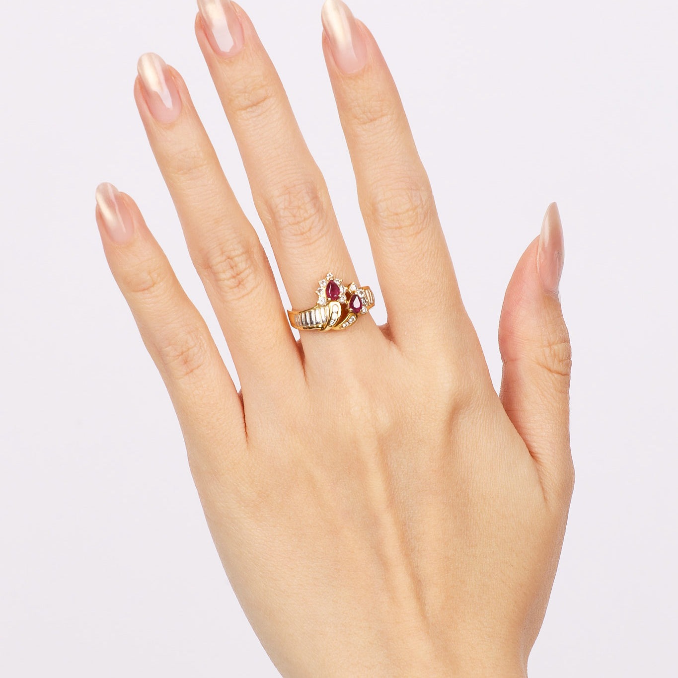 1970s - 1980s 18K Yellow Gold Ruby and Diamond Duo Halo Ring, Size US 5 - Drop 24