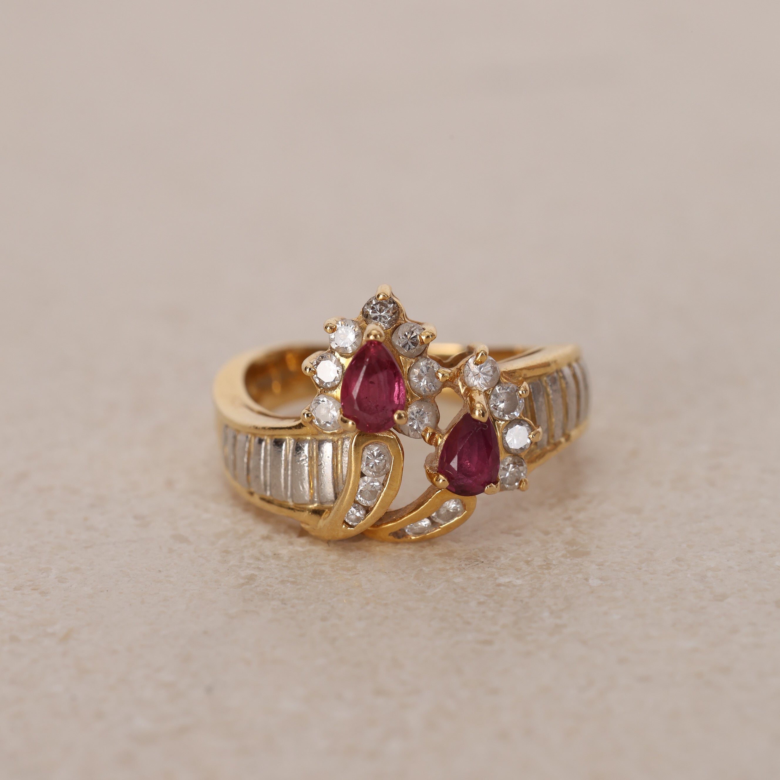 18K Yellow Gold Ruby and Diamond Duo Halo Ring, Size US 5